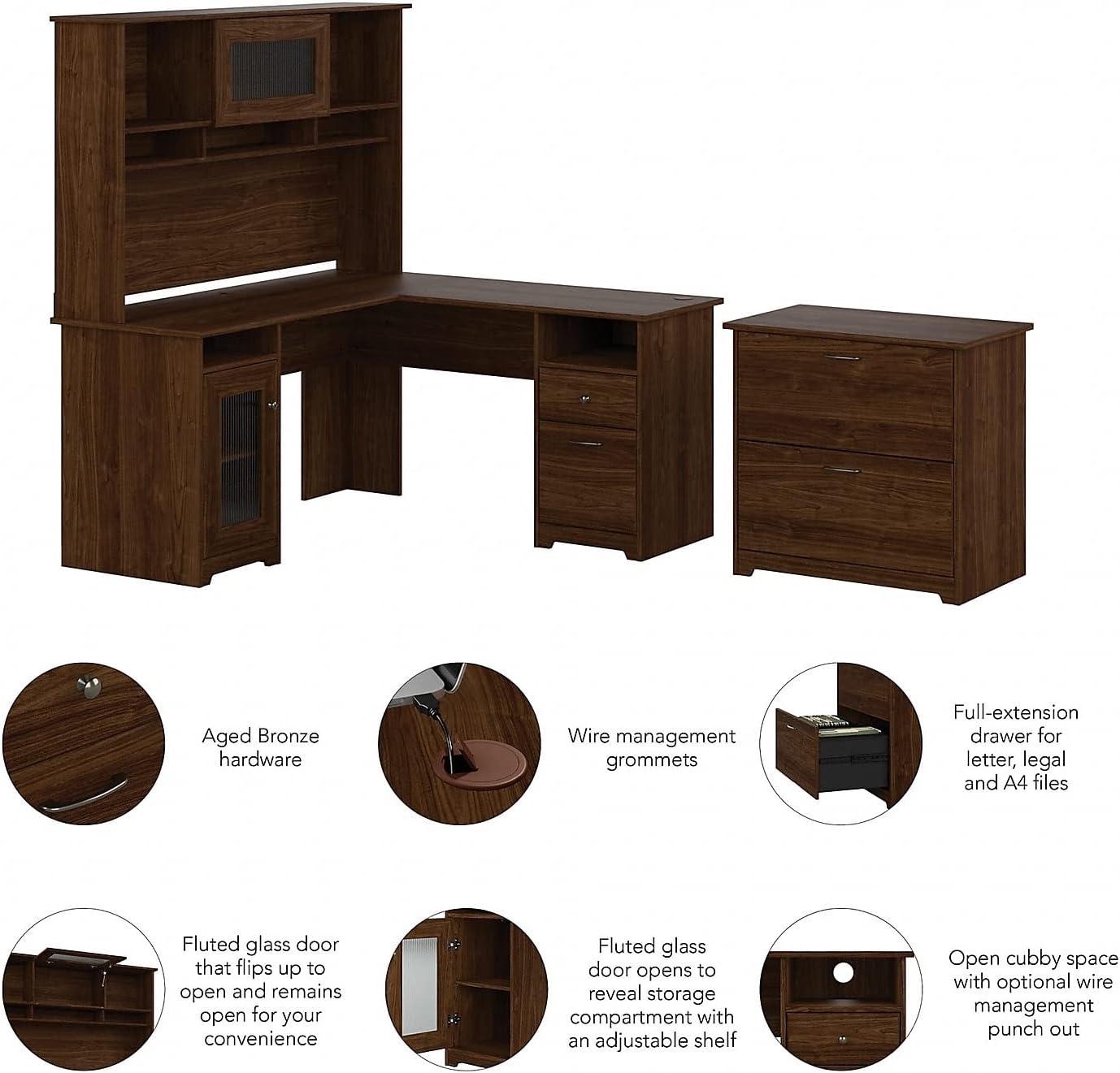 Cabot L Desk with Hutch & File Cabinet in Modern Walnut - Engineered Wood