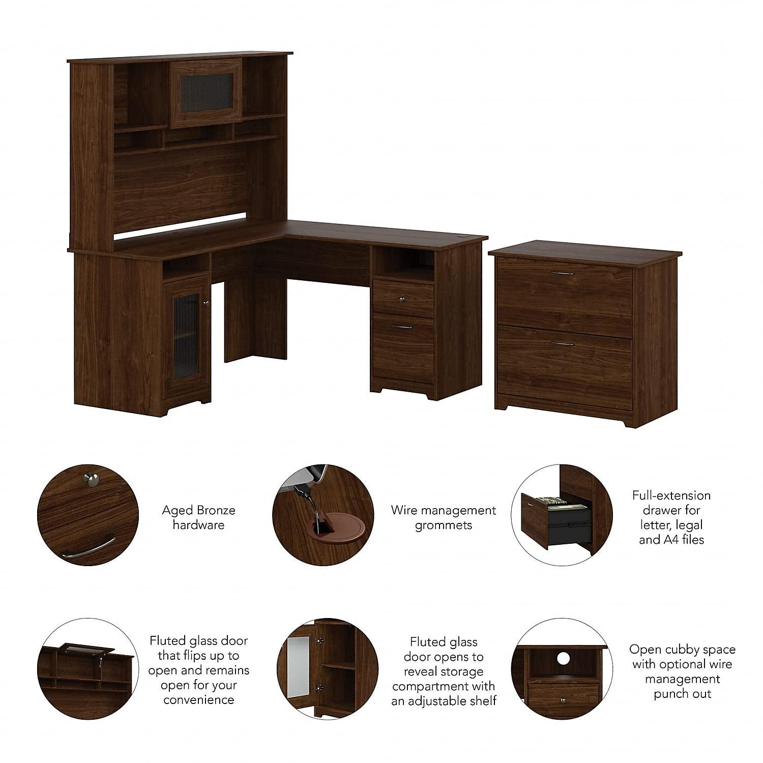 Cabot L Desk with Hutch & File Cabinet in Modern Walnut - Engineered Wood