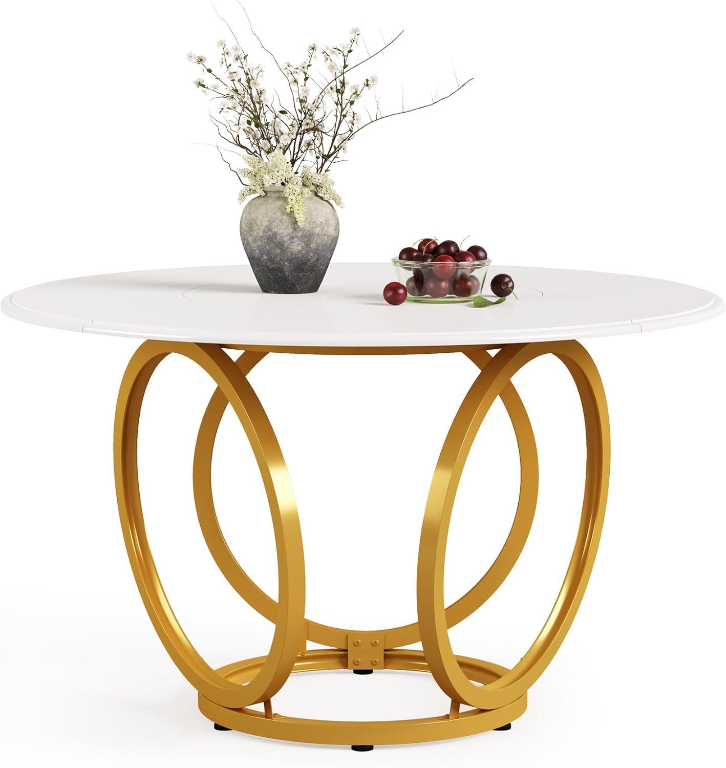 47 inch Dining Table for Dining Room, 4 People Round Dinner Table white & Gold