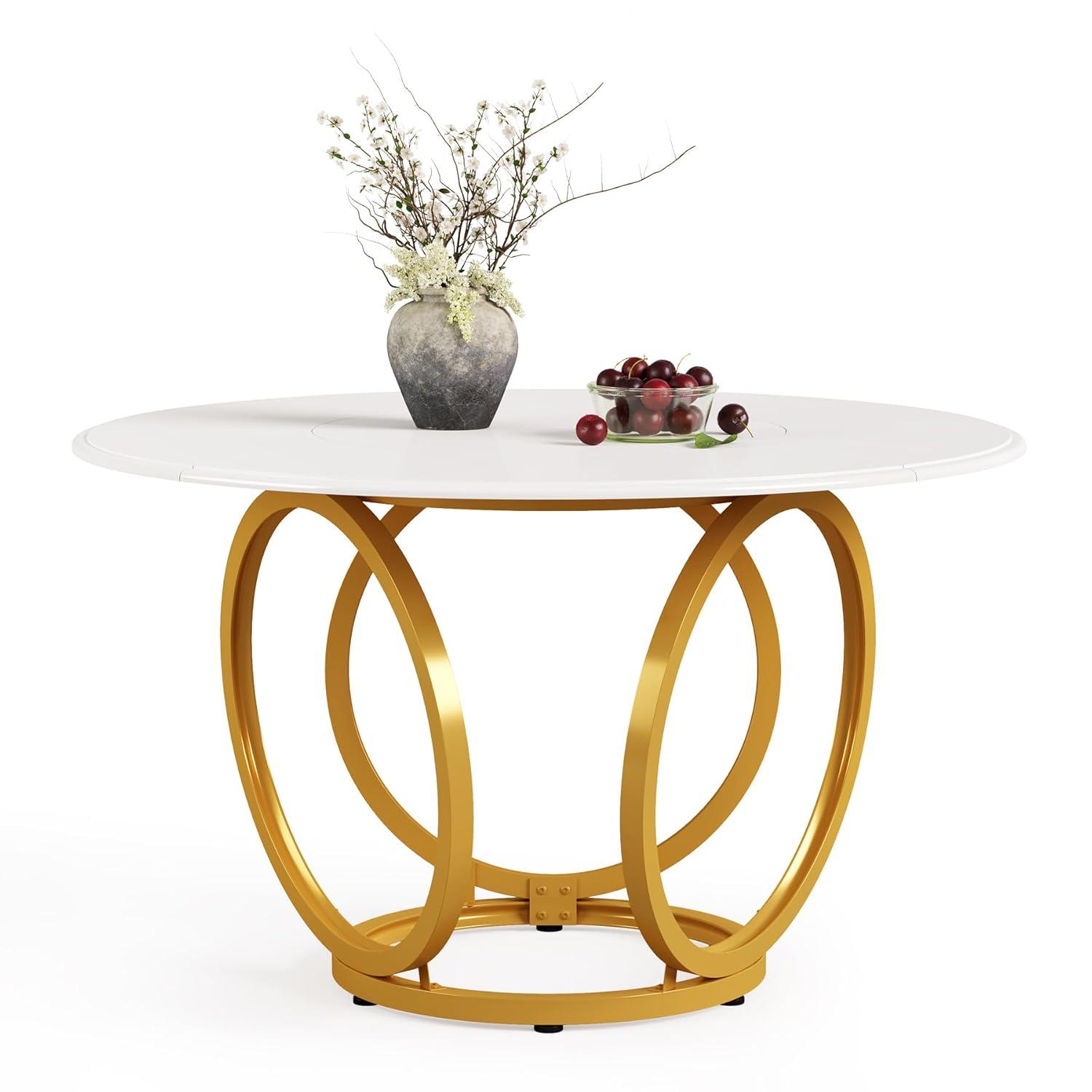 47 inch Dining Table for Dining Room, 4 People Round Dinner Table white & Gold