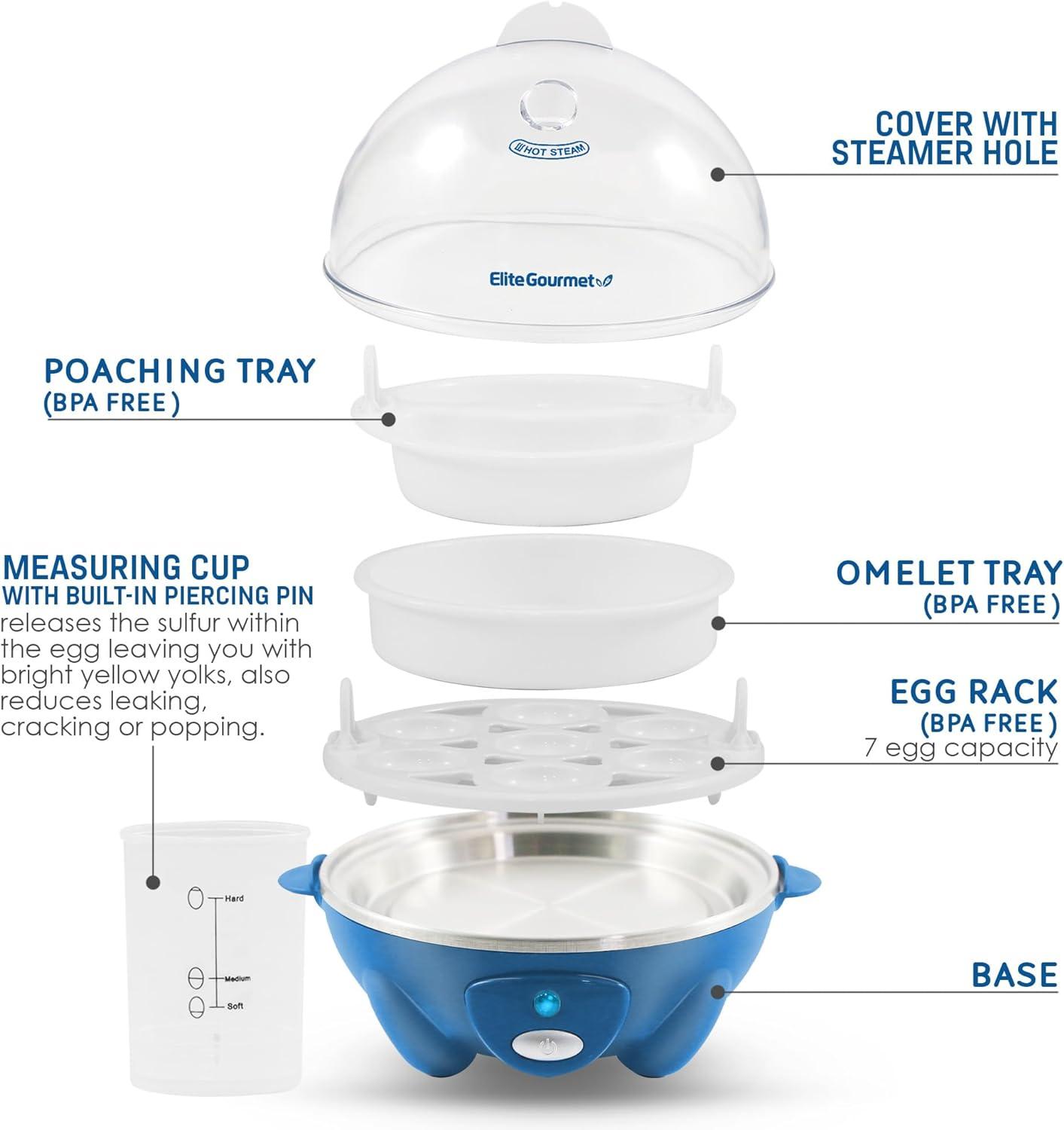 Elite Gourmet EGC700BL# Rapid Egg Cooker, 7 Easy-To-Peel, Hard, Medium, Soft Boiled Eggs, Poacher, Omelet Maker, Auto Shut-Off, Alarm, 16-Recipe Booklet, BPA-Free, Ocean