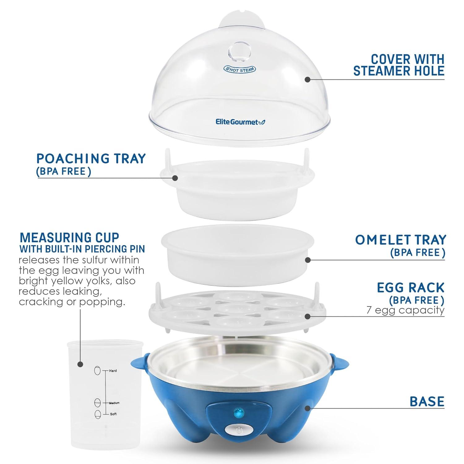 Elite Gourmet EGC700BL# Rapid Egg Cooker, 7 Easy-To-Peel, Hard, Medium, Soft Boiled Eggs, Poacher, Omelet Maker, Auto Shut-Off, Alarm, 16-Recipe Booklet, BPA-Free, Ocean