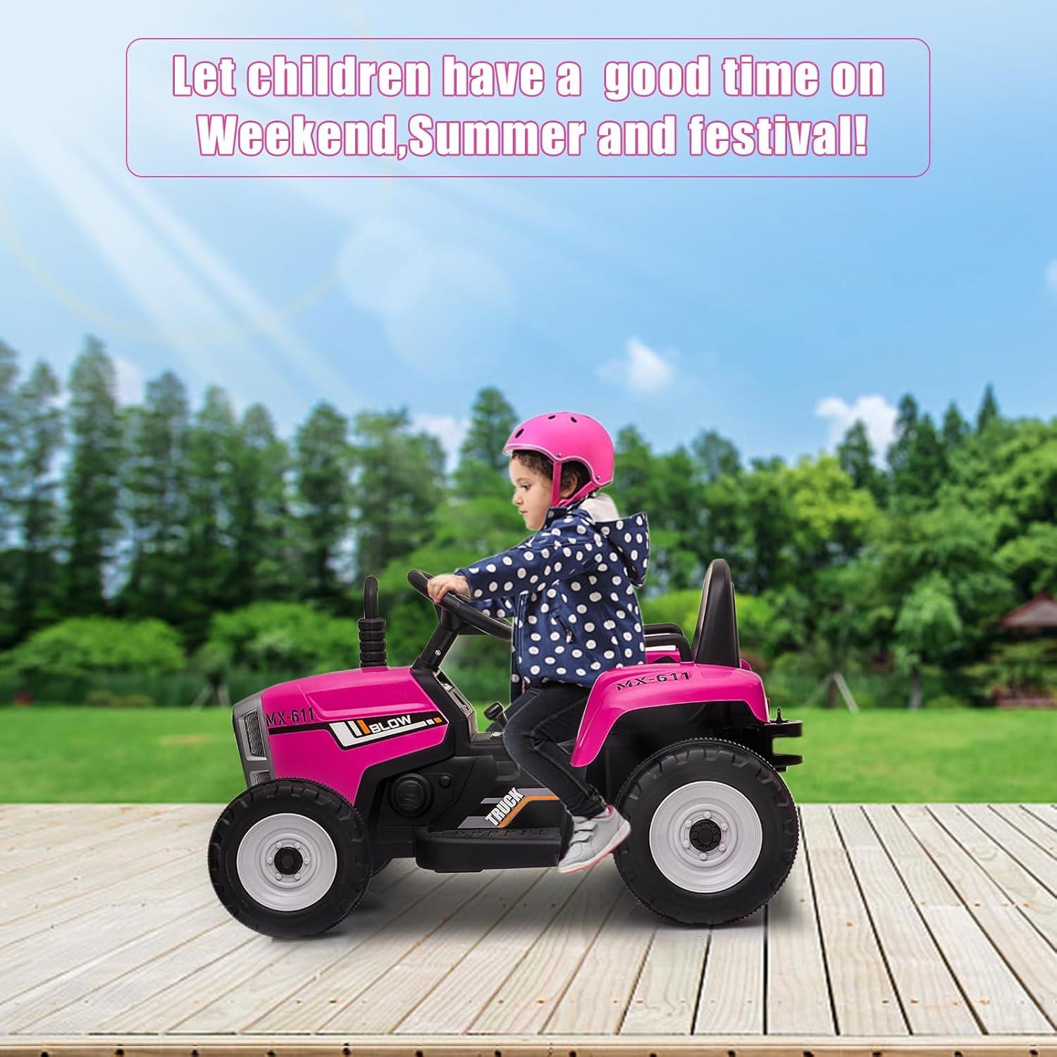 12V Kids Battery Powered Electric Tractor with Remote Control and Trailer Toddler Ride Car With 7LED Headlight and 2+1 Gear Shift Music USB Port Suitable for Children 3+