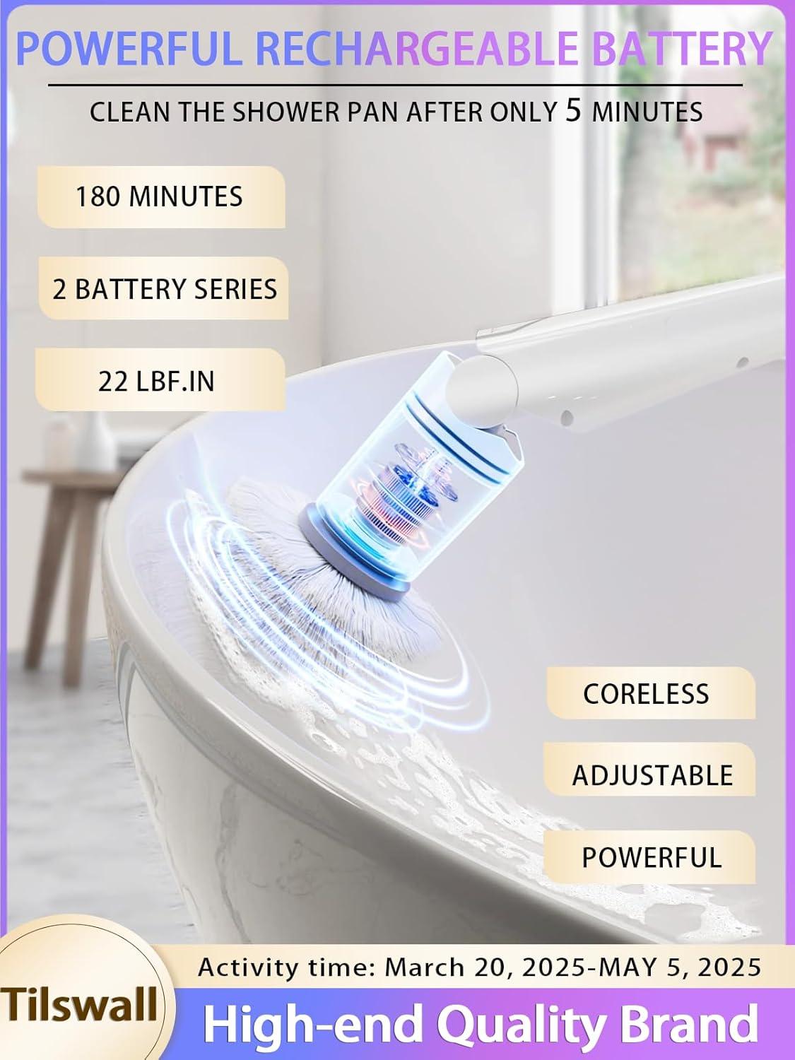 Tilswall Cordless Electric Spin Scrubber - IPX7 Waterproof Cleaning Brush with 180Min Runtime & 43" Extendable Handle, Ideal Gift for Home/Bathroom/Car (Includes 4 Brush Heads)
