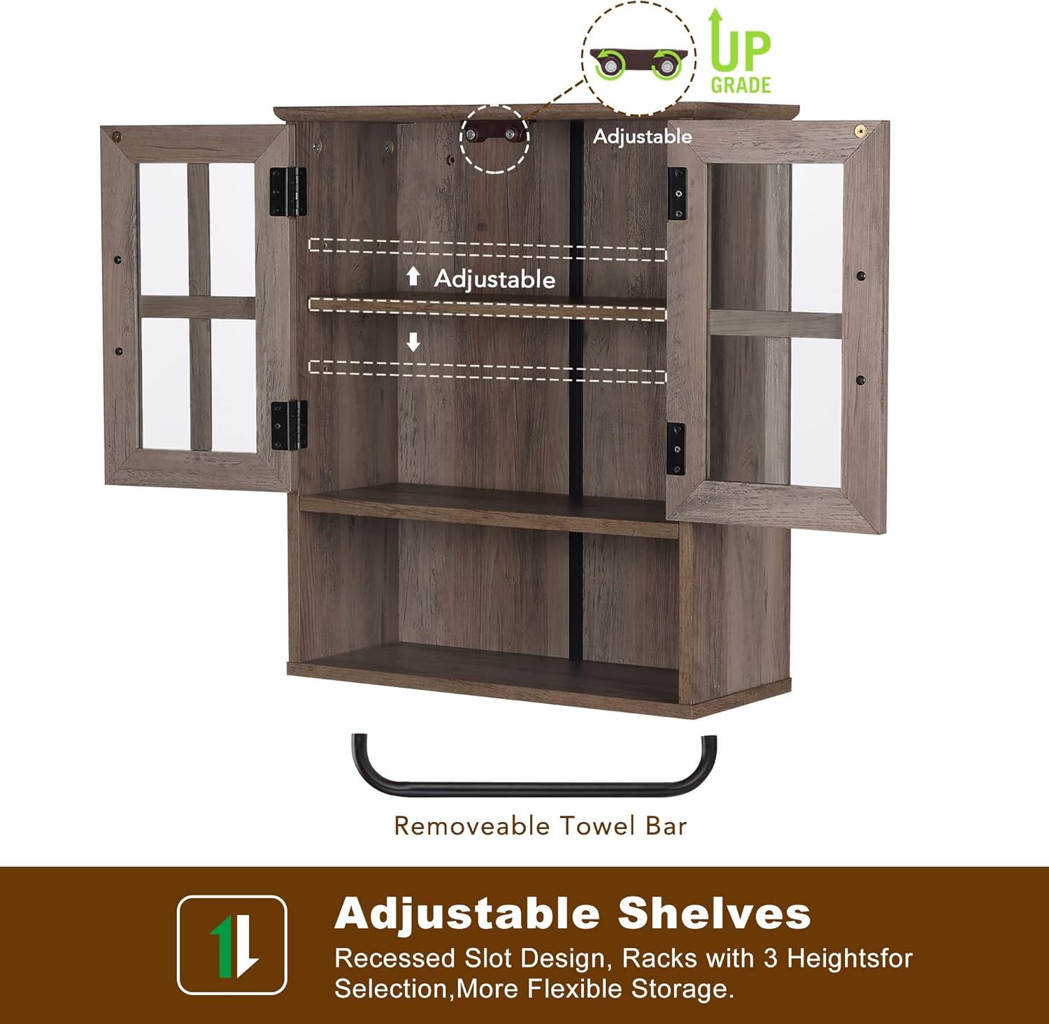 Wood Wall Storage Cabinet With Cross Glass Doors, Farmhouse Wall Mounted, 3 Tier Rustic Cabinet With Adjustable Shelves And Towel Bar For Bathroom, Living Room, Vintage White