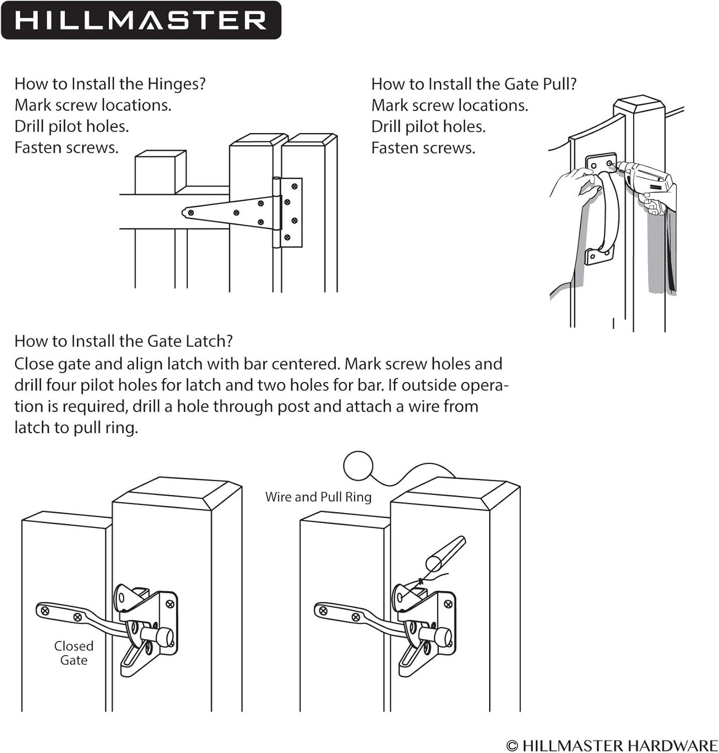 Heavy Duty Gate Latch Door Handle Hardware Kit for Wooden Fence, Self-Closing Gate Latch with Pull String, Decorative Metal Gate Pull Handle, 2 Pack 6in T-Strap Gate Hinges, Black Finish