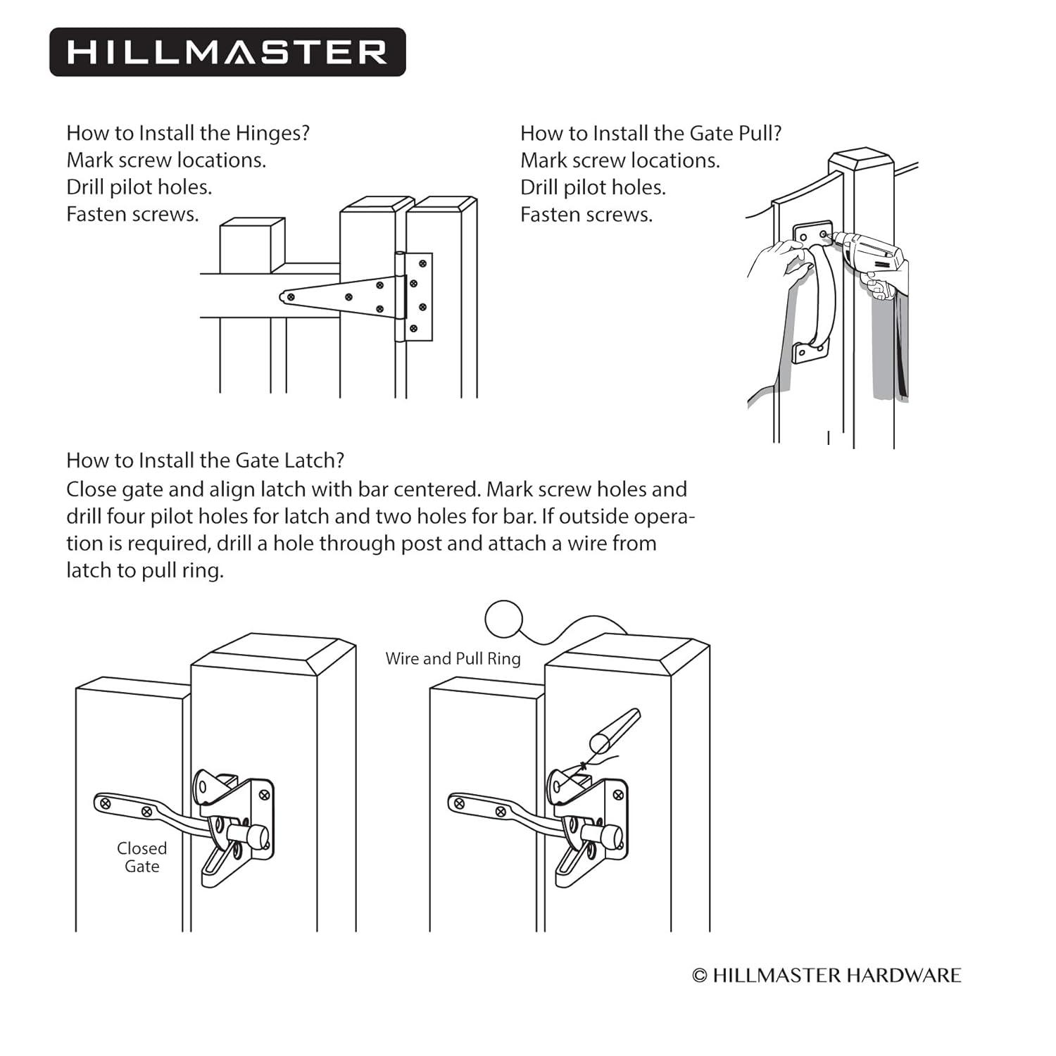 Heavy Duty Gate Latch Door Handle Hardware Kit for Wooden Fence, Self-Closing Gate Latch with Pull String, Decorative Metal Gate Pull Handle, 2 Pack 6in T-Strap Gate Hinges, Black Finish