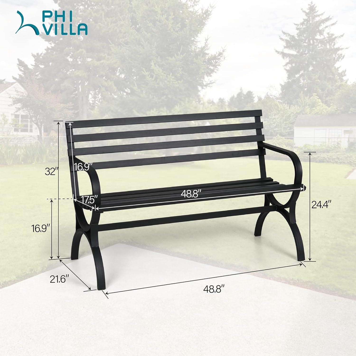 Black Steel Modern Slatted Outdoor Bench with Armrests