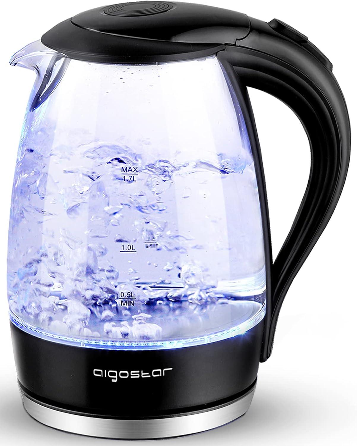 Aigostar 1.7L Black Glass Electric Kettle with Blue LED