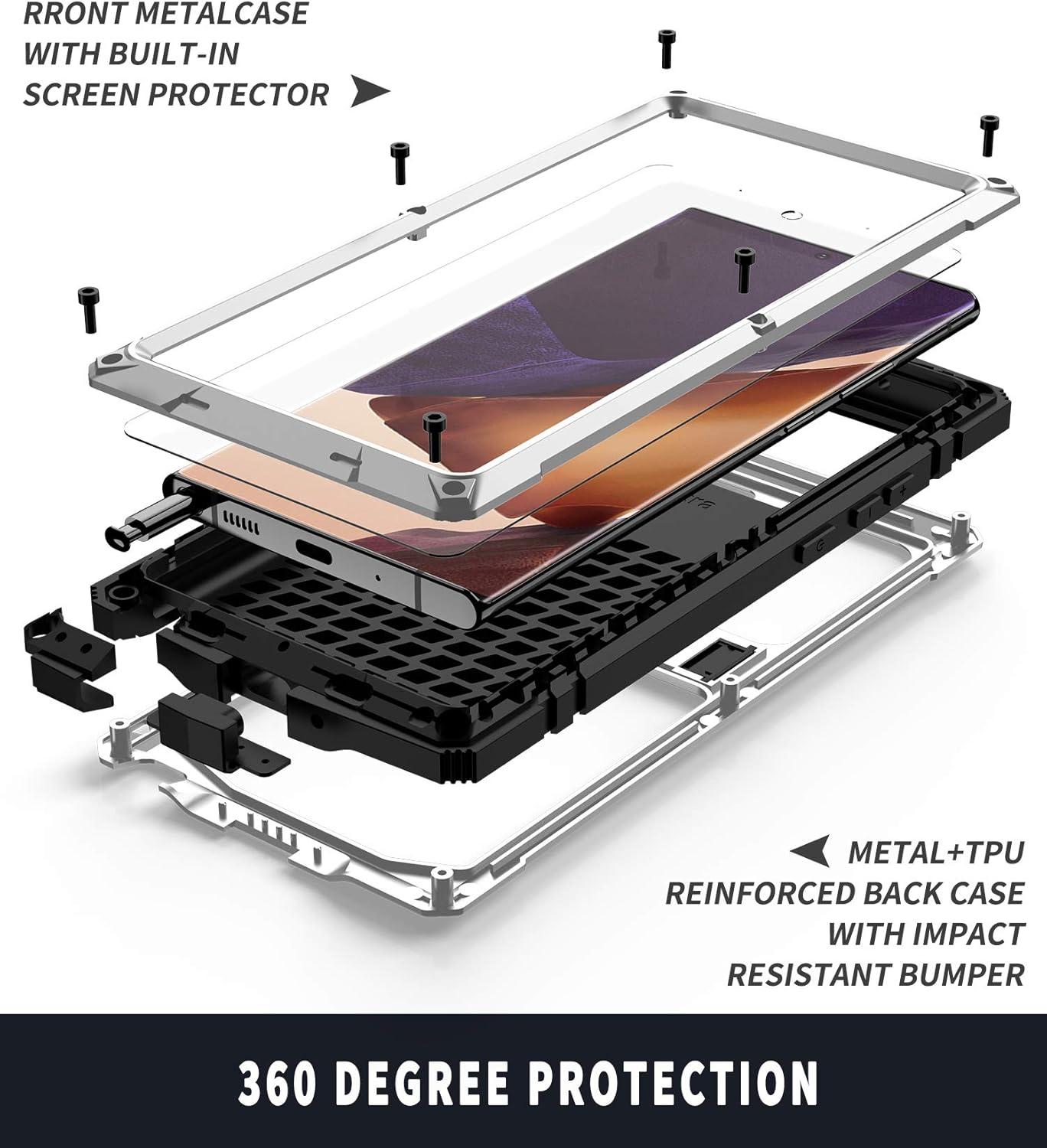 CHENXI for Samsung Galaxy Note 20 Ultra Case, Aluminum Metal Gorilla Glass Waterproof Shockproof Military Heavy Duty Sturdy Protector Cover Hard Case for Samsung Galaxy Note 20 Ultra (Silver)