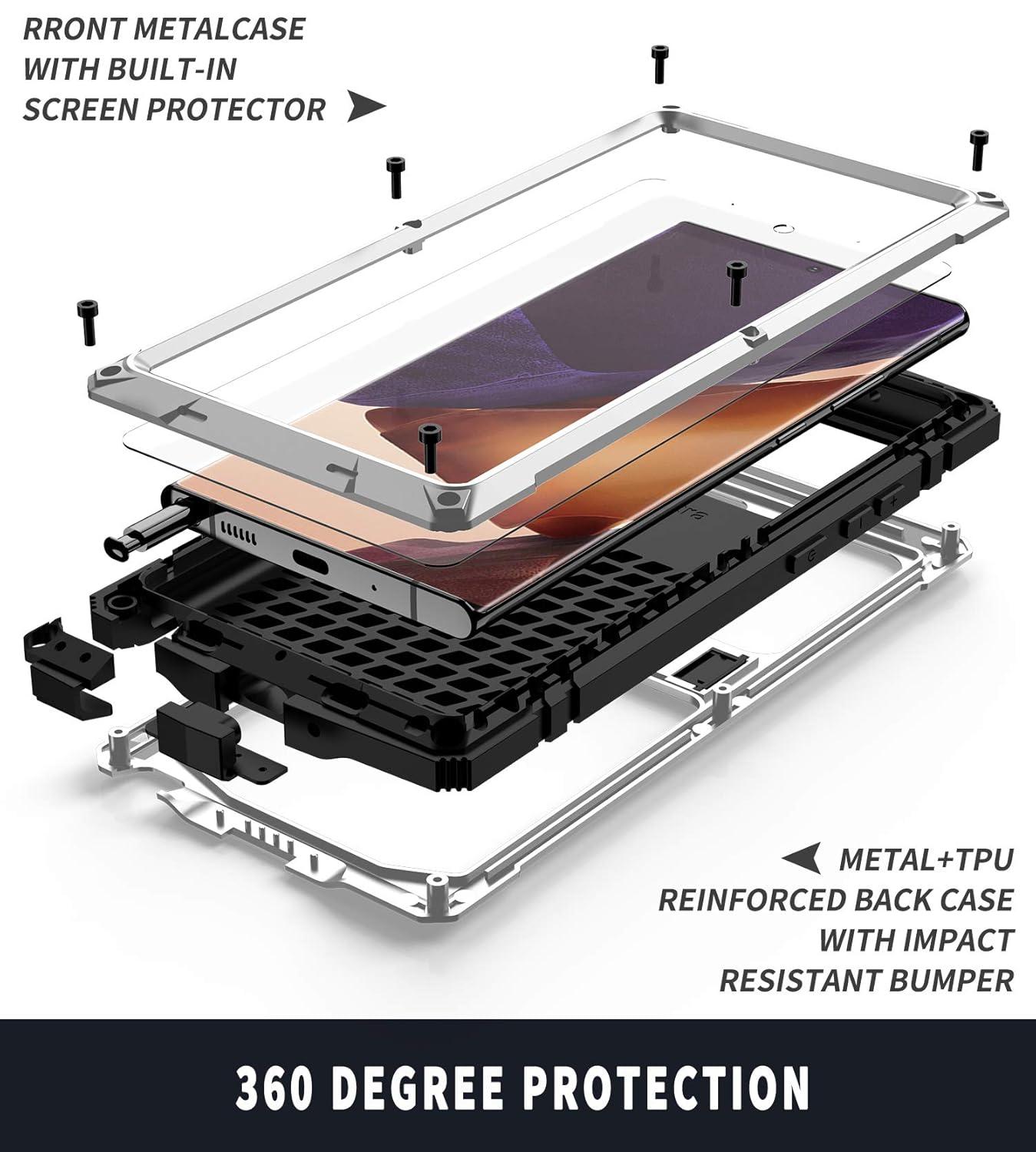 CHENXI for Samsung Galaxy Note 20 Ultra Case, Aluminum Metal Gorilla Glass Waterproof Shockproof Military Heavy Duty Sturdy Protector Cover Hard Case for Samsung Galaxy Note 20 Ultra (Silver)