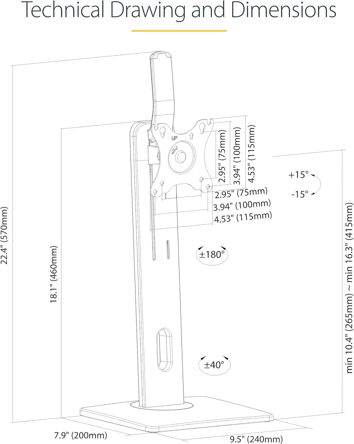 StarTech Free Standing Single Monitor Mount - Height Adjustable Monitor Stand - For VESA Mount Displays up to 32" (15lb/7kg) - Ergonomic Monitor Stand for Desk - Tilt/Swivel/Rotate