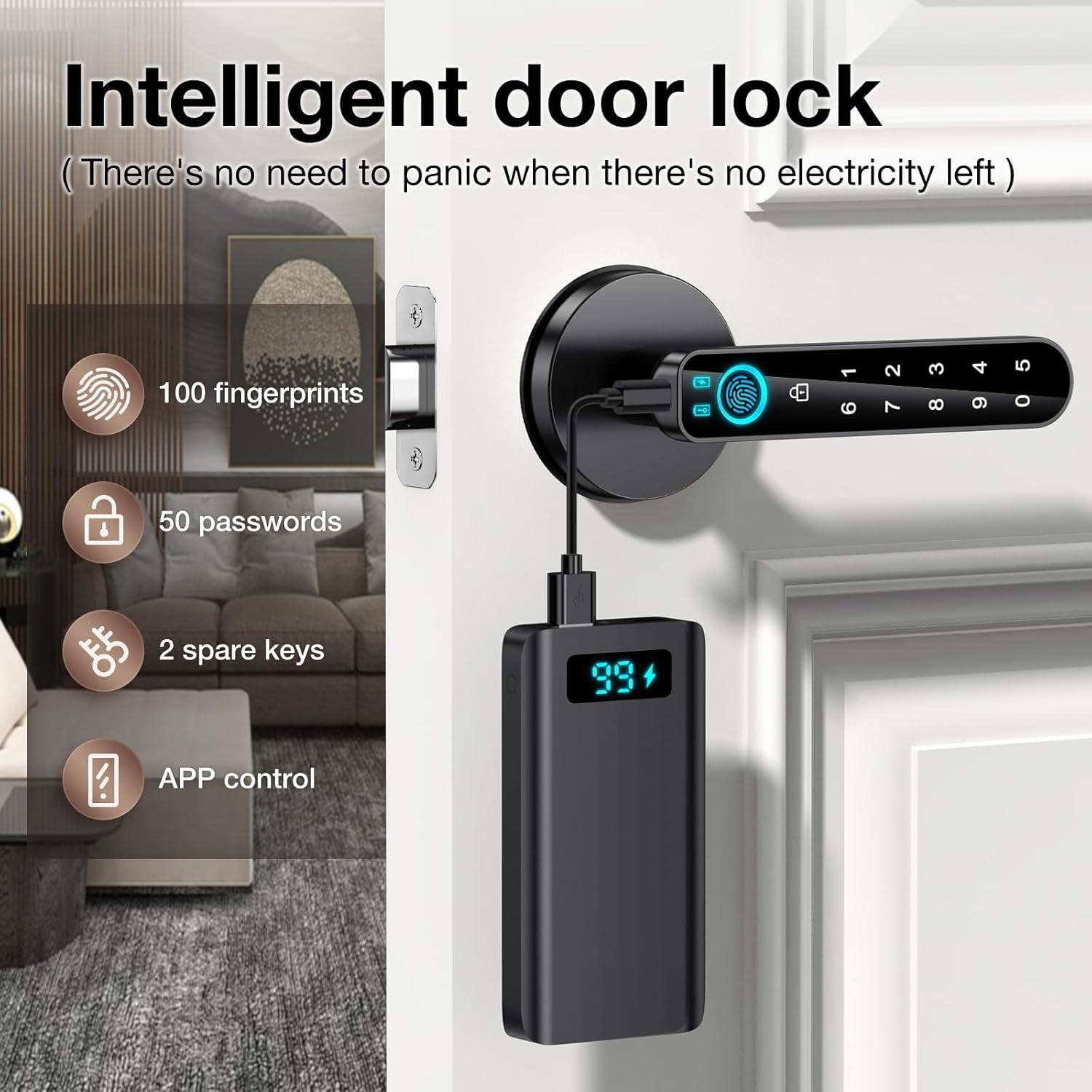 Fingerprint Door Lock- Smart Door knob,biometric Door Lock，with passcode keypad keyless Entry Door Handle，for Bedroom Home Hotel Office Apartment (Black with APP)