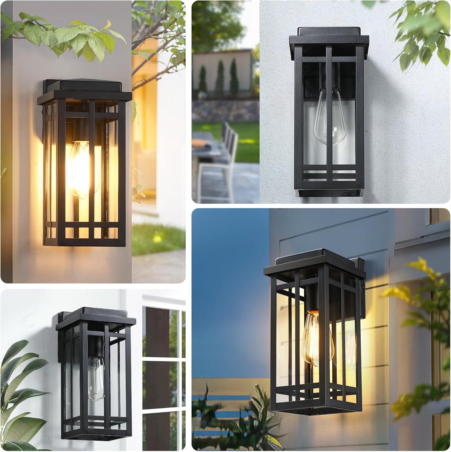 Black Modern Outdoor Wall Lanterns with Tempered Glass Shade, 9.76''
