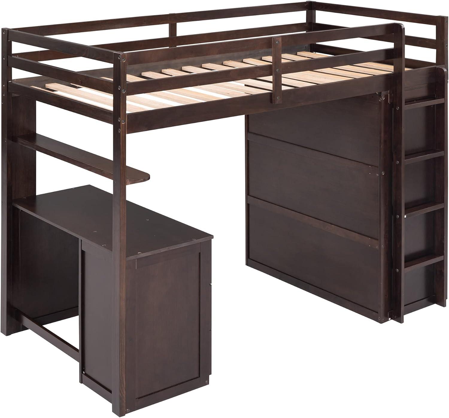 Seizeen Wooden Twin Size Loft Bed for Kids, Twin Loft Bed with Drawers, Desk, Wardrobe, Ladder & Safety Rails, Modern Bedroom Space Saving Loft Bed Frame with Storage, No Box Spring Needed, Espresso