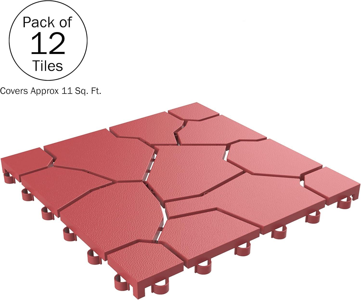 Pure Garden 12-Pack Polypropylene Interlocking Patio Deck Tiles - Weather-Resistant Outdoor Flooring for Balcony, Porch, and Garage (Brick Red)