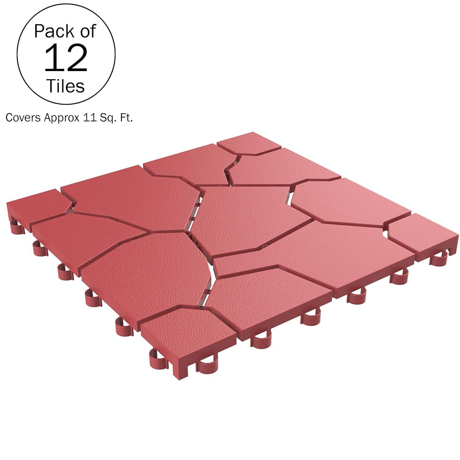 Pure Garden 12-Pack Polypropylene Interlocking Patio Deck Tiles - Weather-Resistant Outdoor Flooring for Balcony, Porch, and Garage (Brick Red)