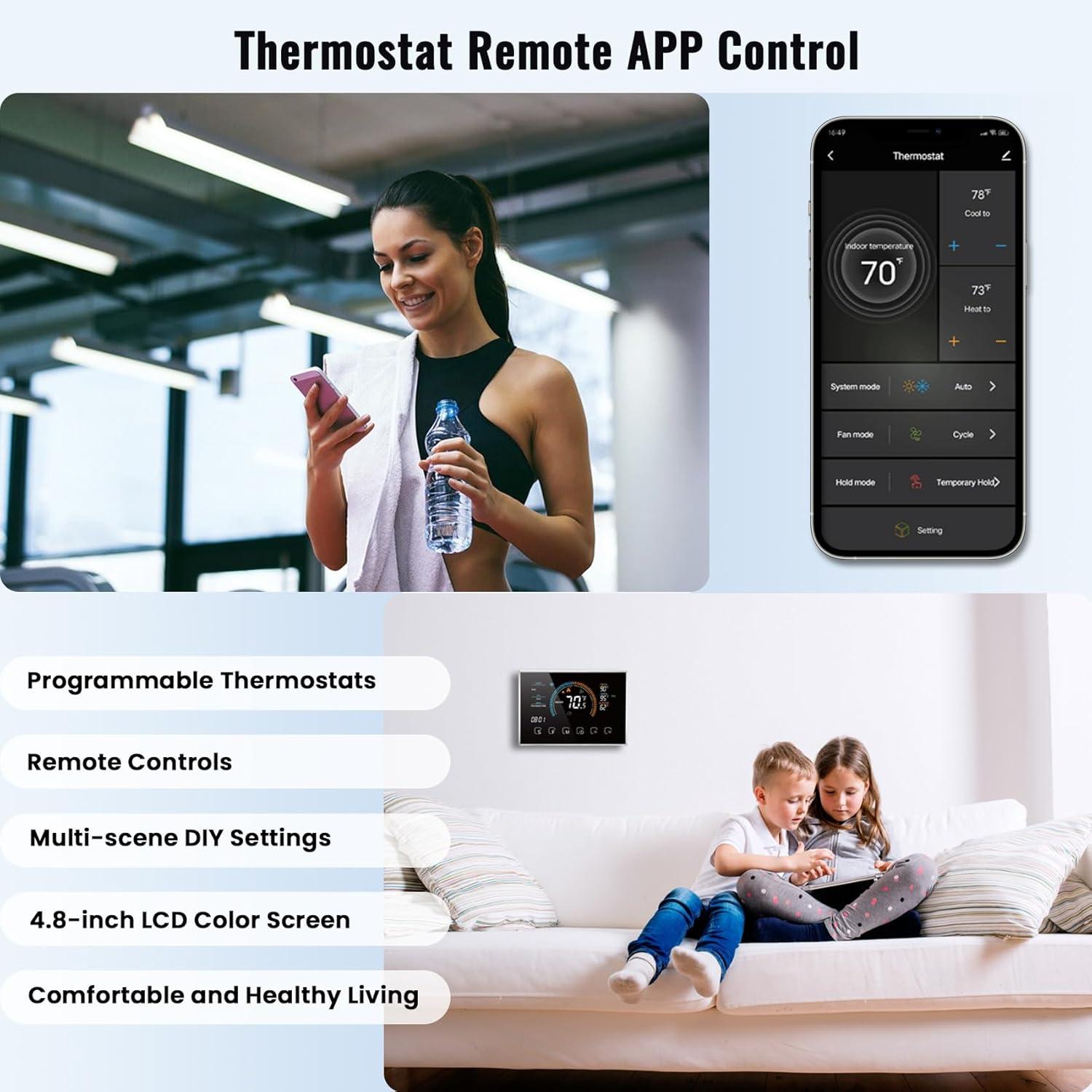 Smart Thermostat for Home WiFi, Programmable Thermostat for Connecting Heat Pumps, Cooling Heating & Auto Mode, Includes C-Wire Adapter, LCD Screen, Voice Control/Weather/Energy saving, App Thermostat