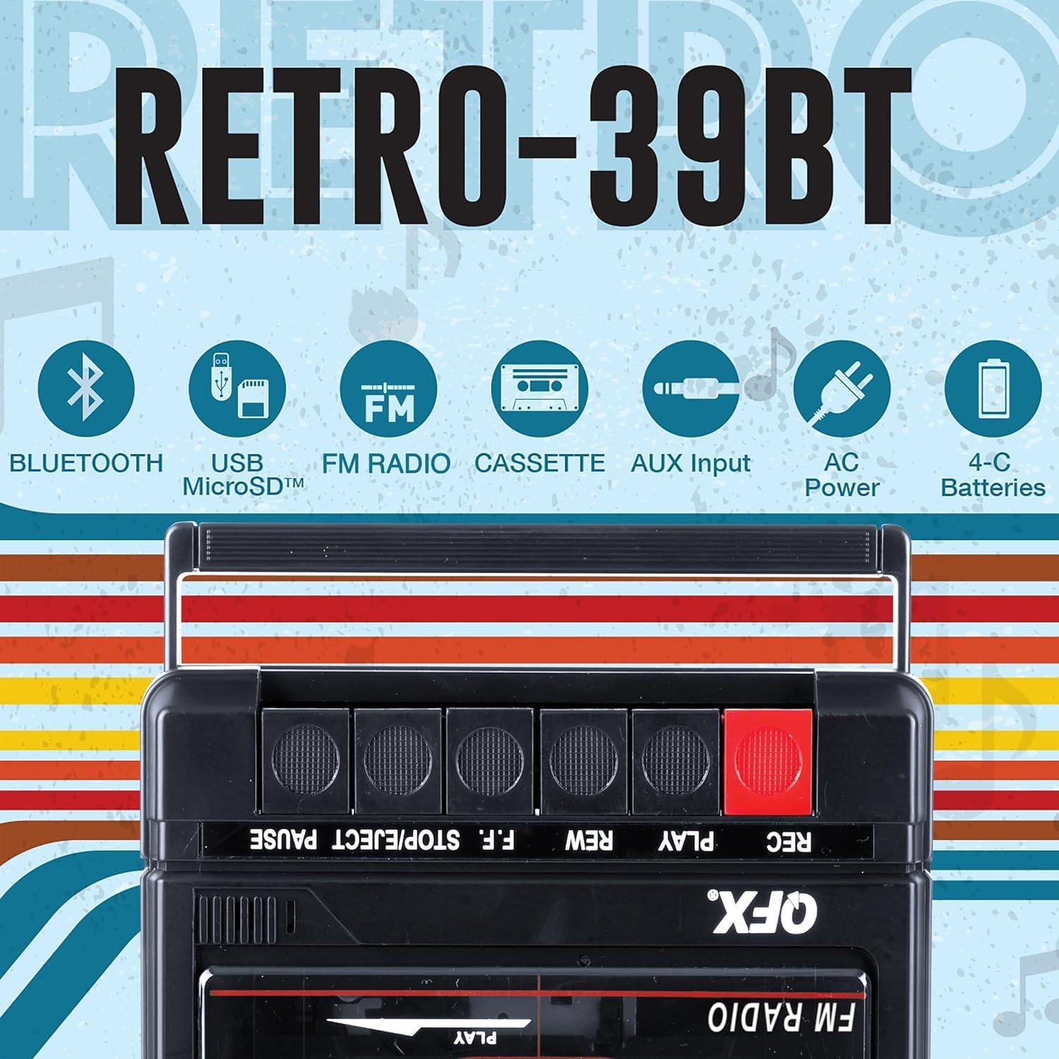 QFX Retro-39BT Shoebox-Style Cassette Player/Recorder with Bluetooth, FM Radio, USB input, Black