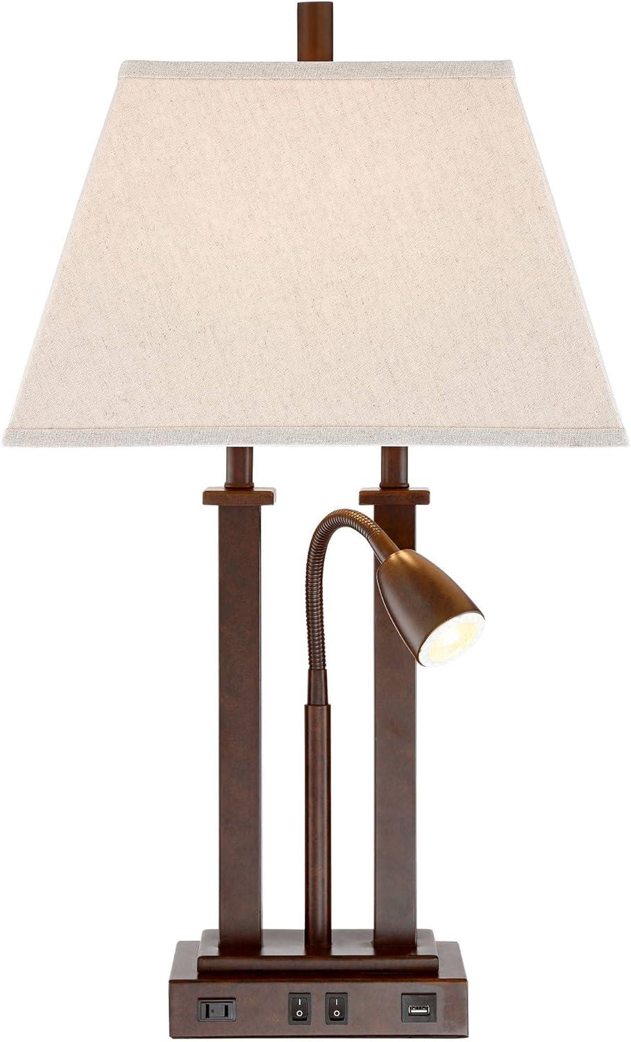 Possini Euro Design Deacon Modern Desk Table Lamp 26" High Bronze with USB and AC Power Outlet in Base LED Reading Light Oatmeal Shade for Office Desk