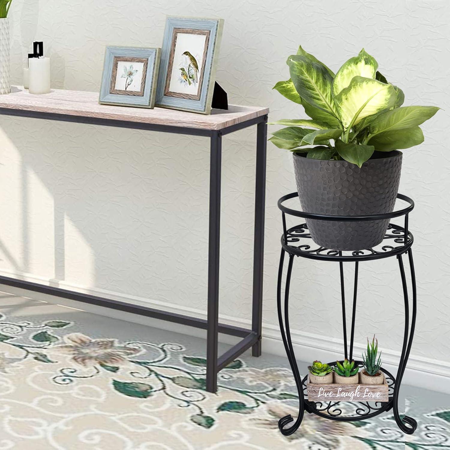 Black Metal 2-Tier Plant Stand with Floral Design