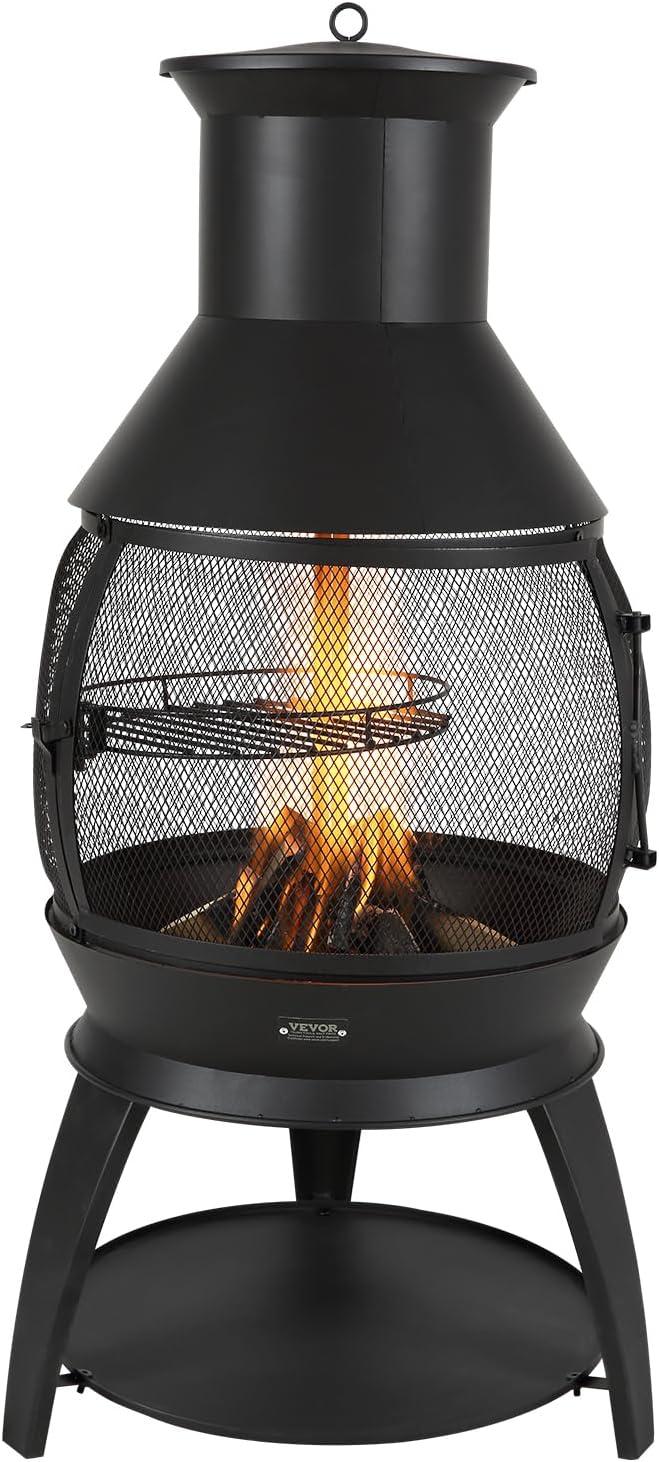 VEVOR Chiminea, 22 Inch Outdoor Wood Burning Firepit, Iron Spherical Fireplace for BBQ & Warming, Wooden Fire Pit with Grill Mesh, Chimney Coat & Rustproof Chiminea Lid, for Patio, Garden, Backyard