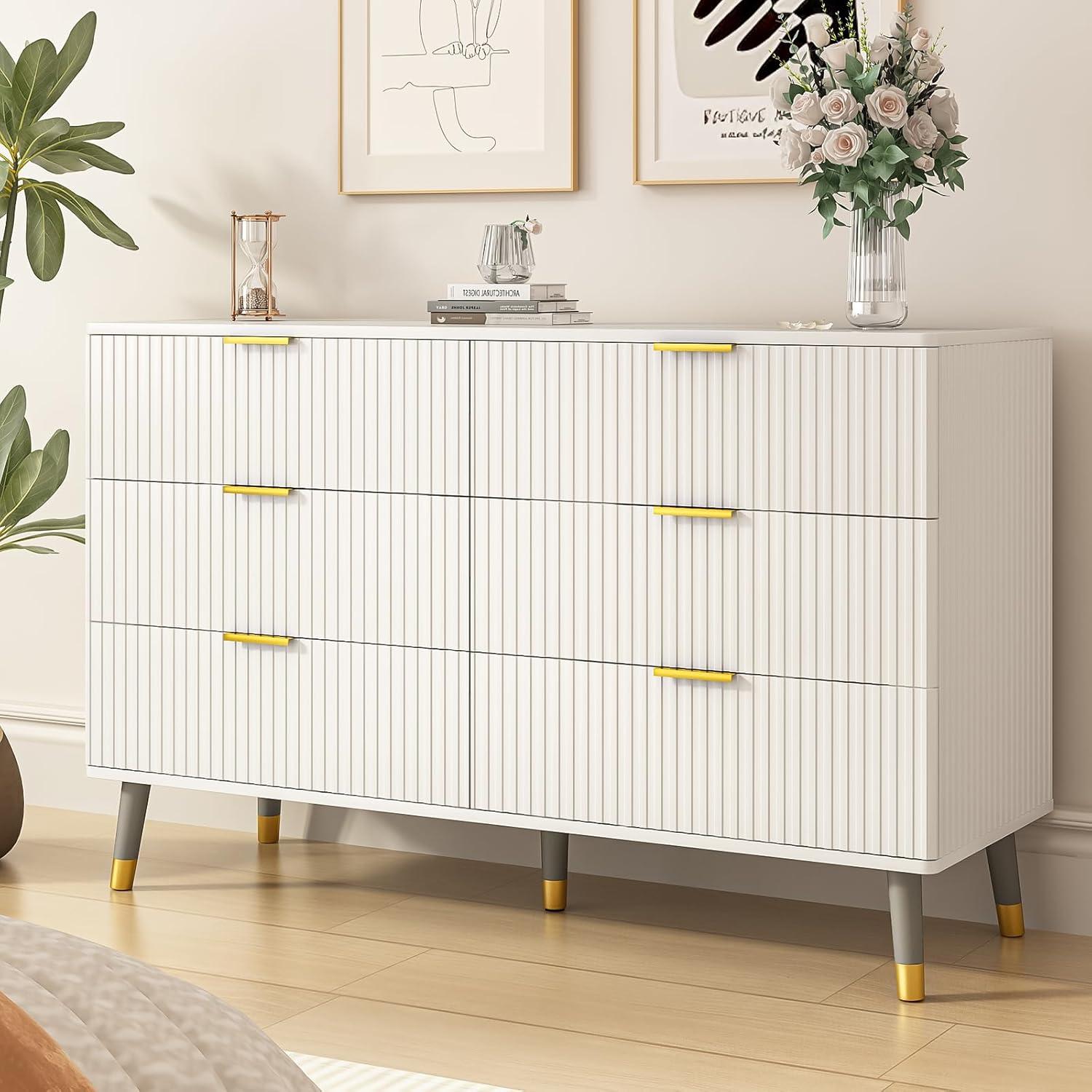 White Fluted 6-Drawer Dresser with Gold Handles