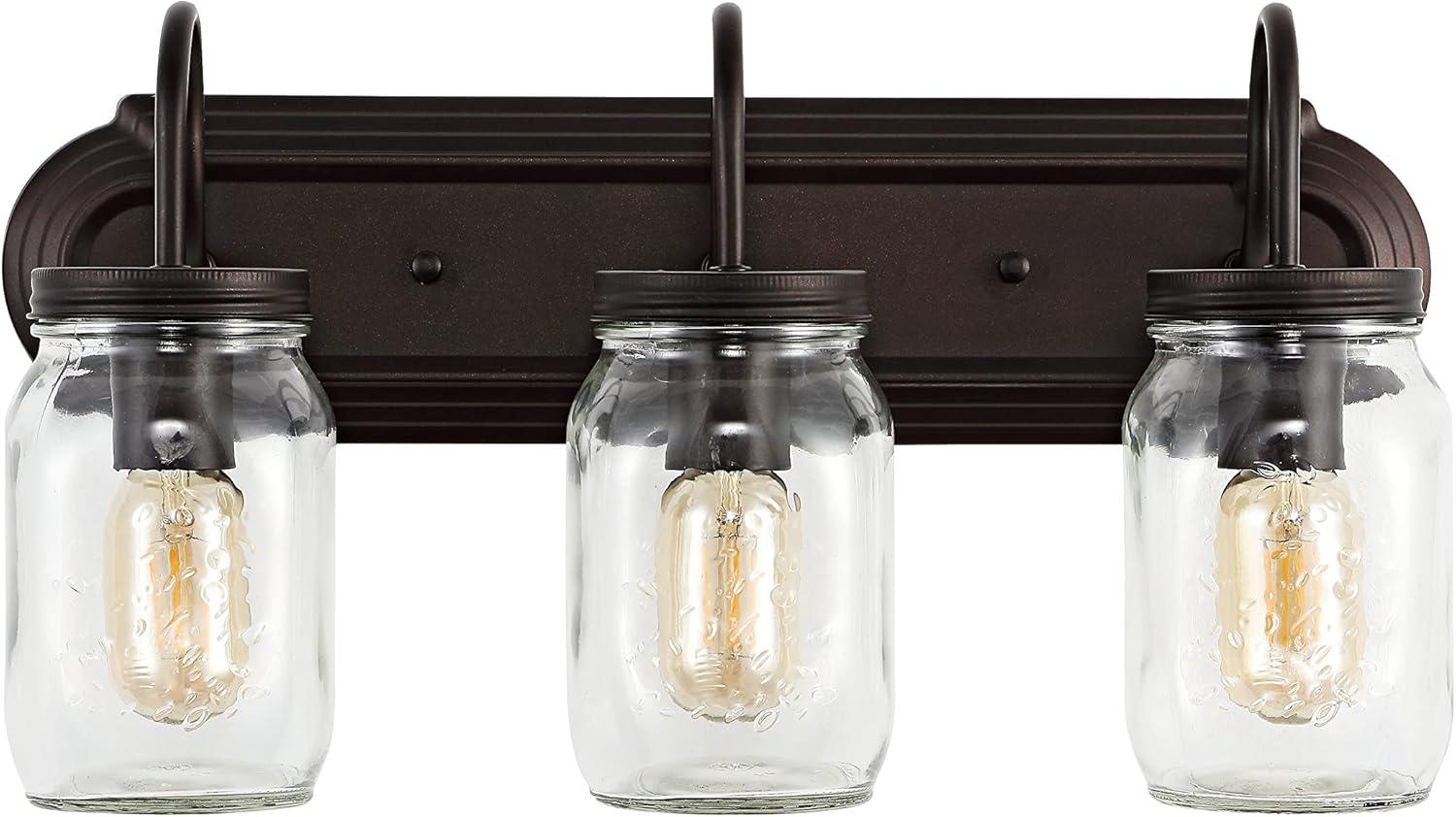 Gaines 19.3" 3-Light Farmhouse Industrial Iron Mason Jar LED Vanity, Oil Rubbed Bronze/Clear