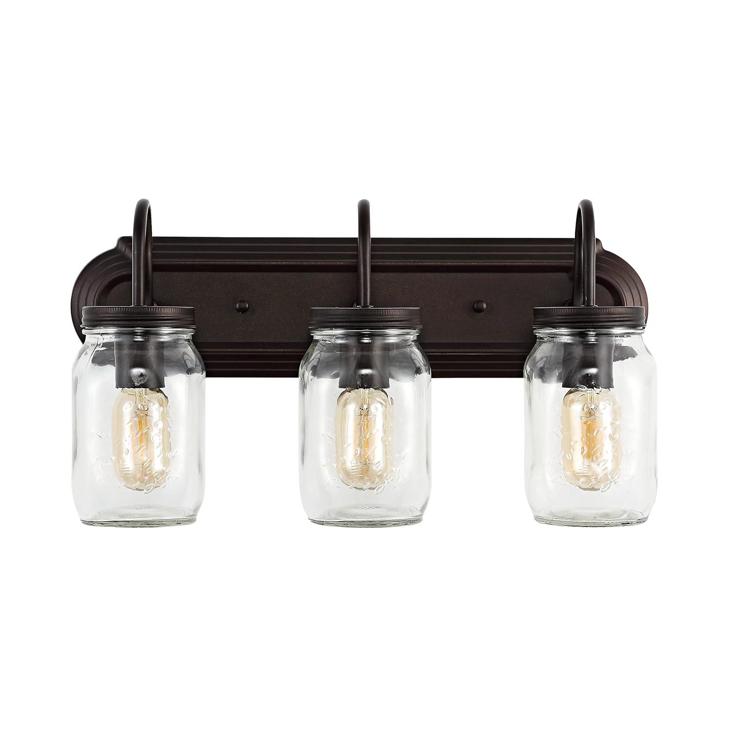 Gaines 19.3" 3-Light Farmhouse Industrial Iron Mason Jar LED Vanity, Oil Rubbed Bronze/Clear