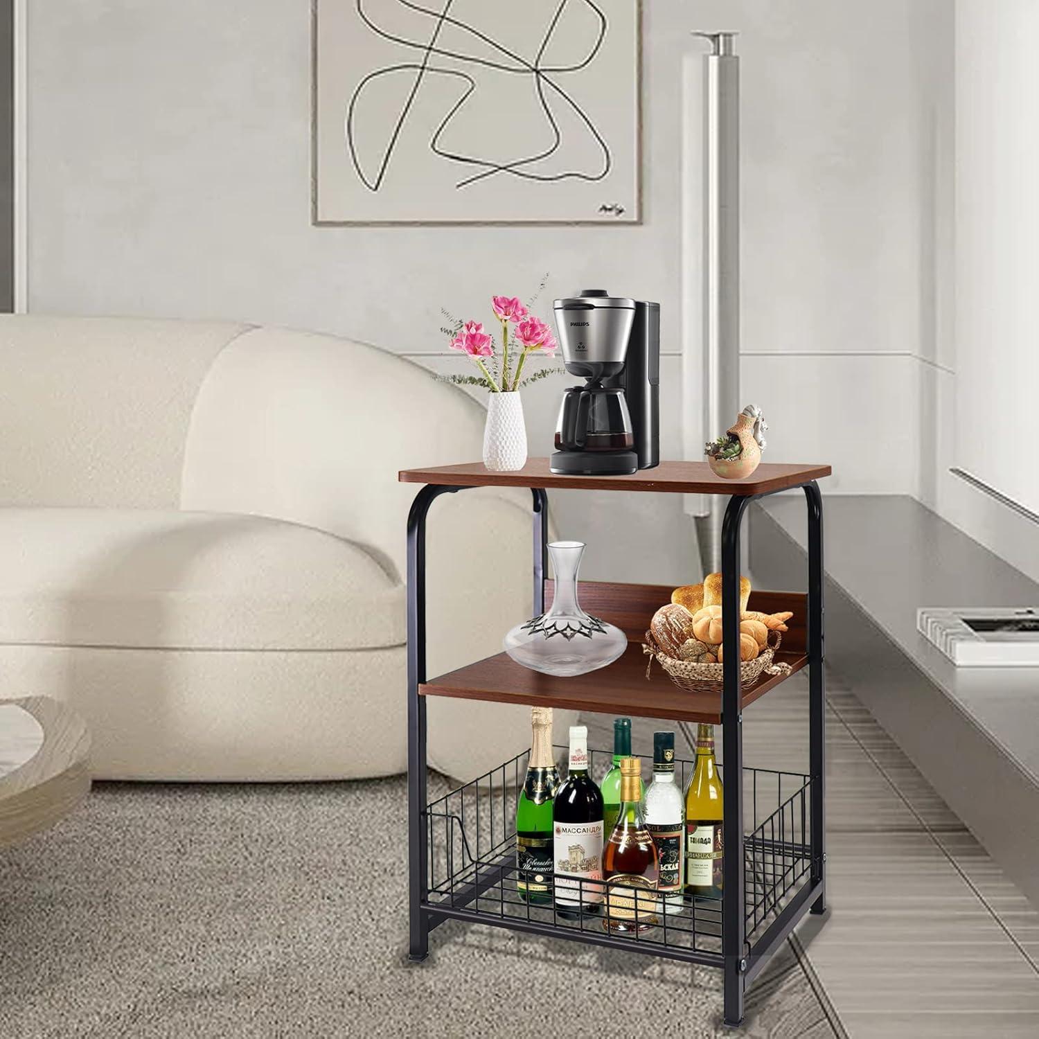 Brown 3-Tier Wood and Metal End Table with Storage Shelves