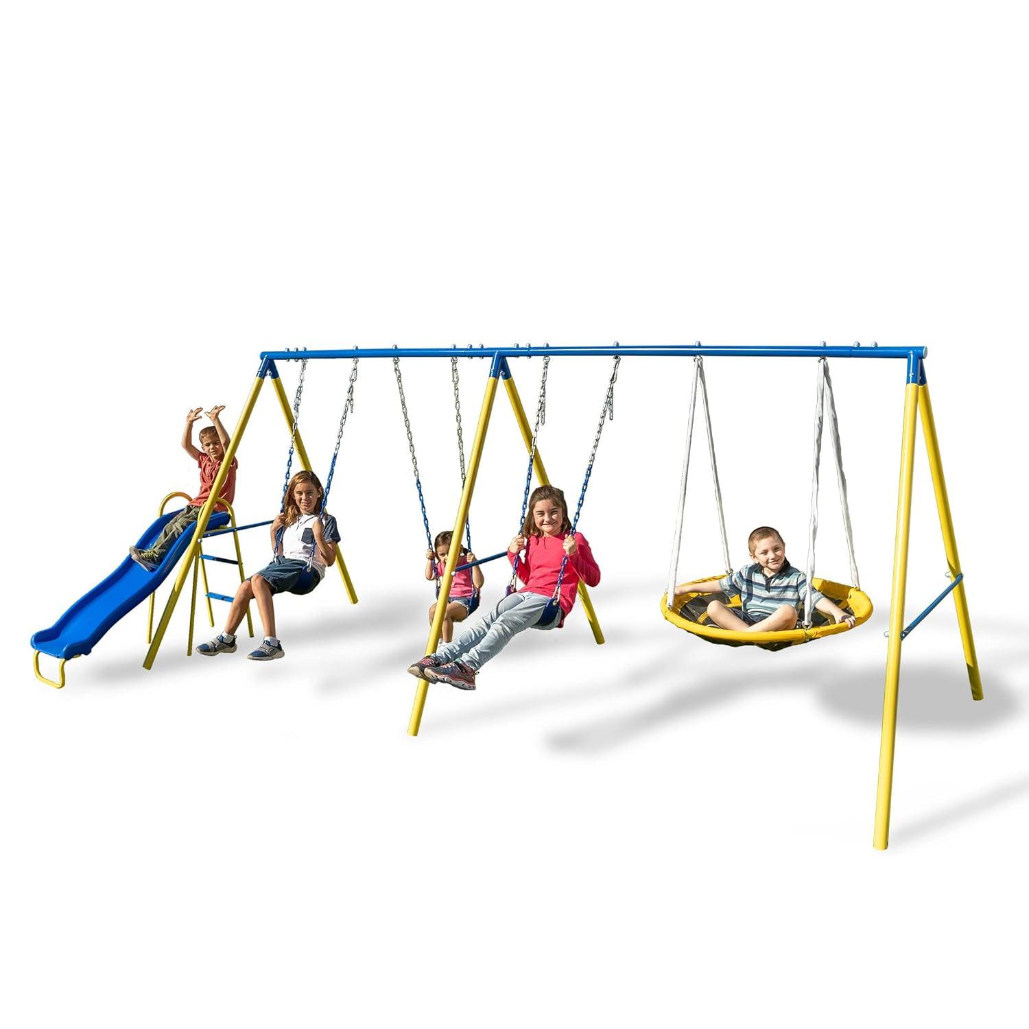 Sportspower Albany Metal Swing Set with 2 Person Glider Swing, 2 Adjustable Sling Swing Seats, 5' Double Wall Slide with Lifetime Warranty, & Bonus Anchor Kit, Great for Kids 3-8