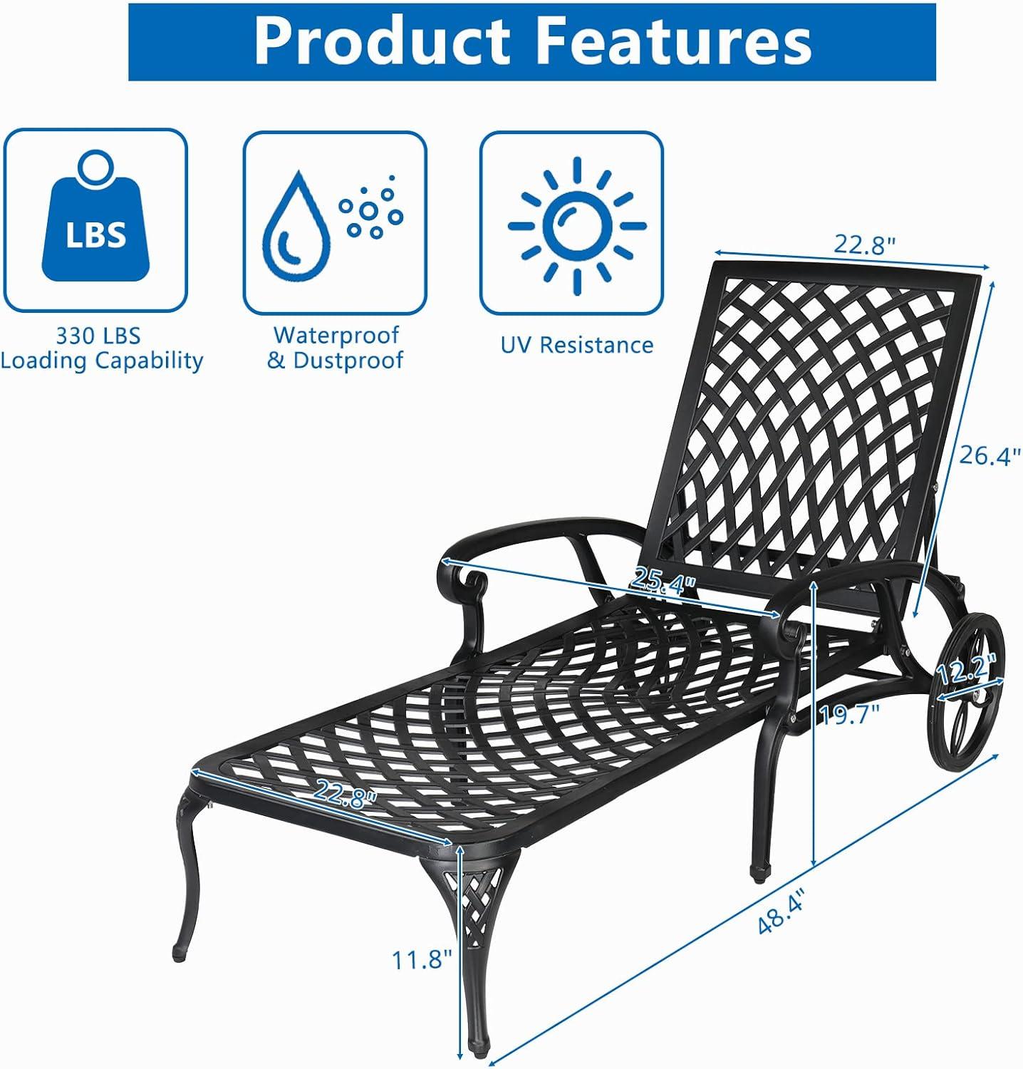 VINGLI Cast Aluminum Outdoor Chaise Lounge Chair with Wheels, Patio Chaise Lounge with 3-Position Adjustable Backrest, Outdoor Tanning Chair Patio Lounge Chair (Black, Without Cushion)
