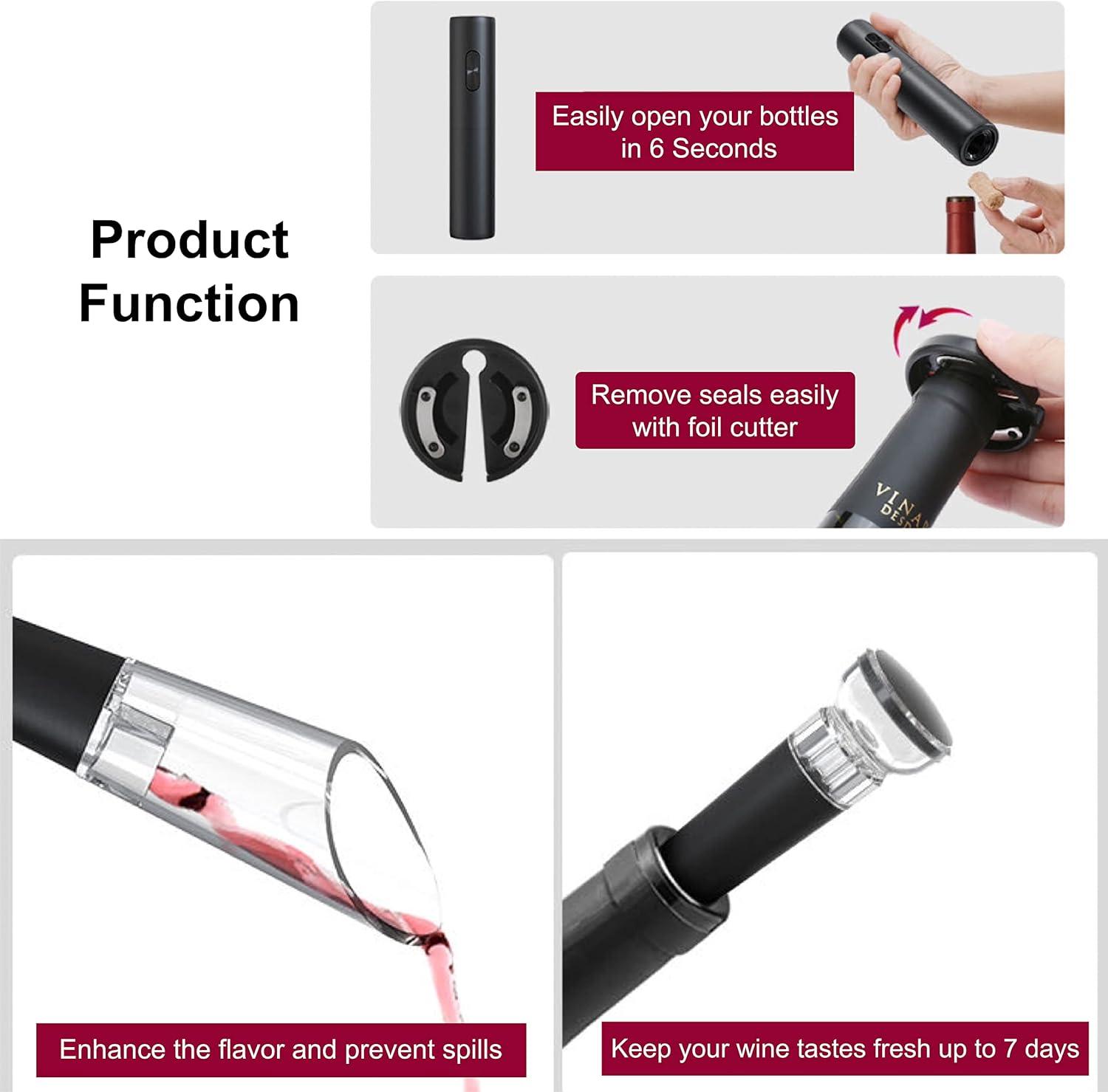 Rechargeable Electric Wine Opener, 5 in 1 set with Automatic Electric Wine Bottle Corkscrew Opener, Foil Cutter, Vacuum Stopper, Wine Pourer and Storage Charging Stand