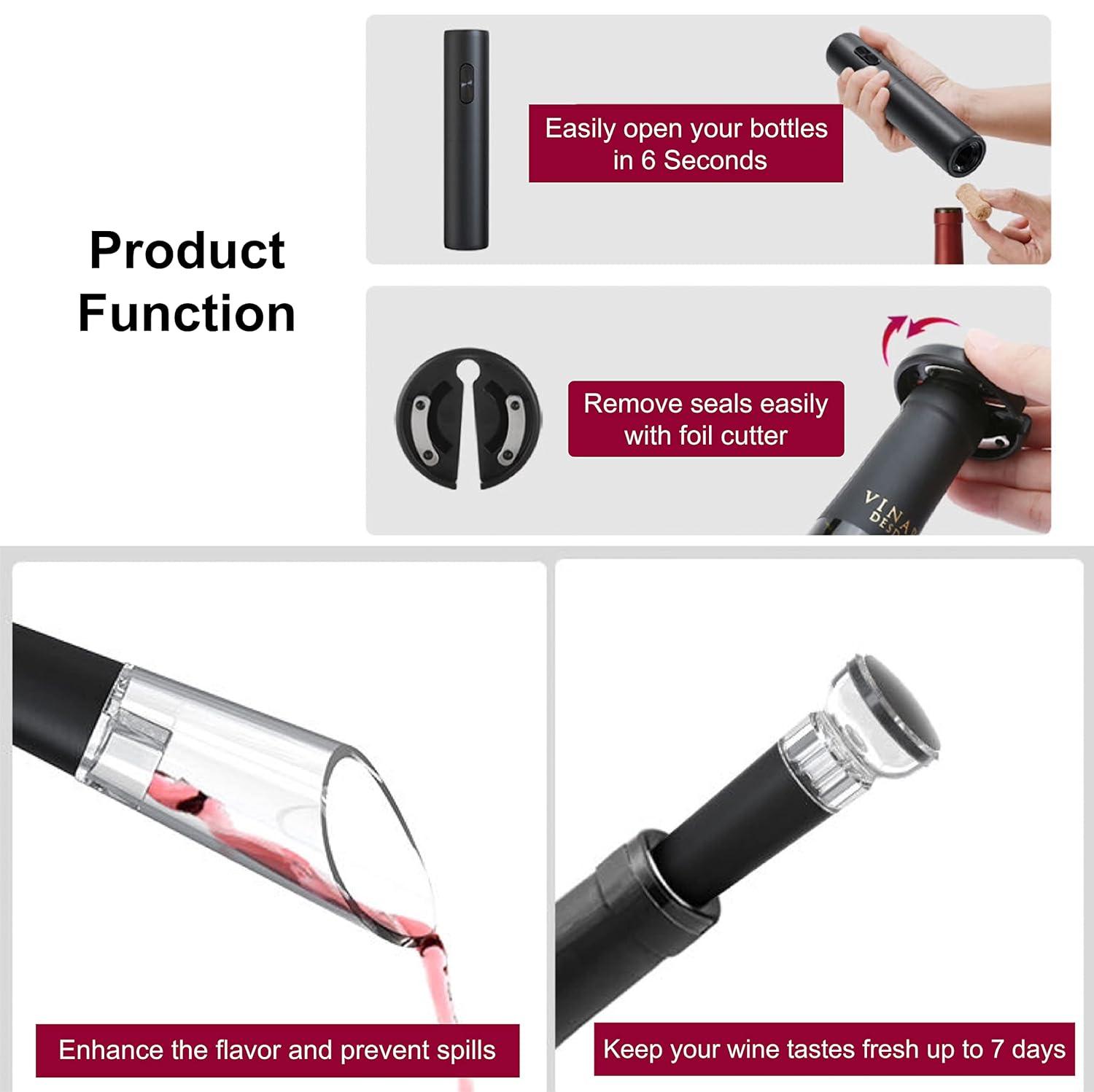 Electric Wine Opener Set, Rechargeable Electric Wine Bottle Opener with Charging Base, Foil Cutter, Wine Aerator and Vacuum Stopper, Gifts for Wine Lovers, Black