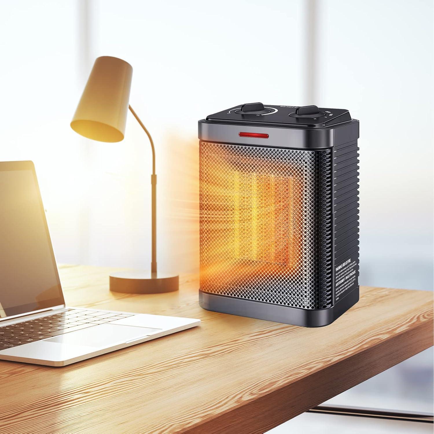 Space Heater for Indoor Use, 1500W PTC Ceramic Heater with Thermostat, Small Space Heater 2S Rapid Heating, 3 Modes, Electric Portable Heater with Safety Protection for Bedroom, Quiet Office