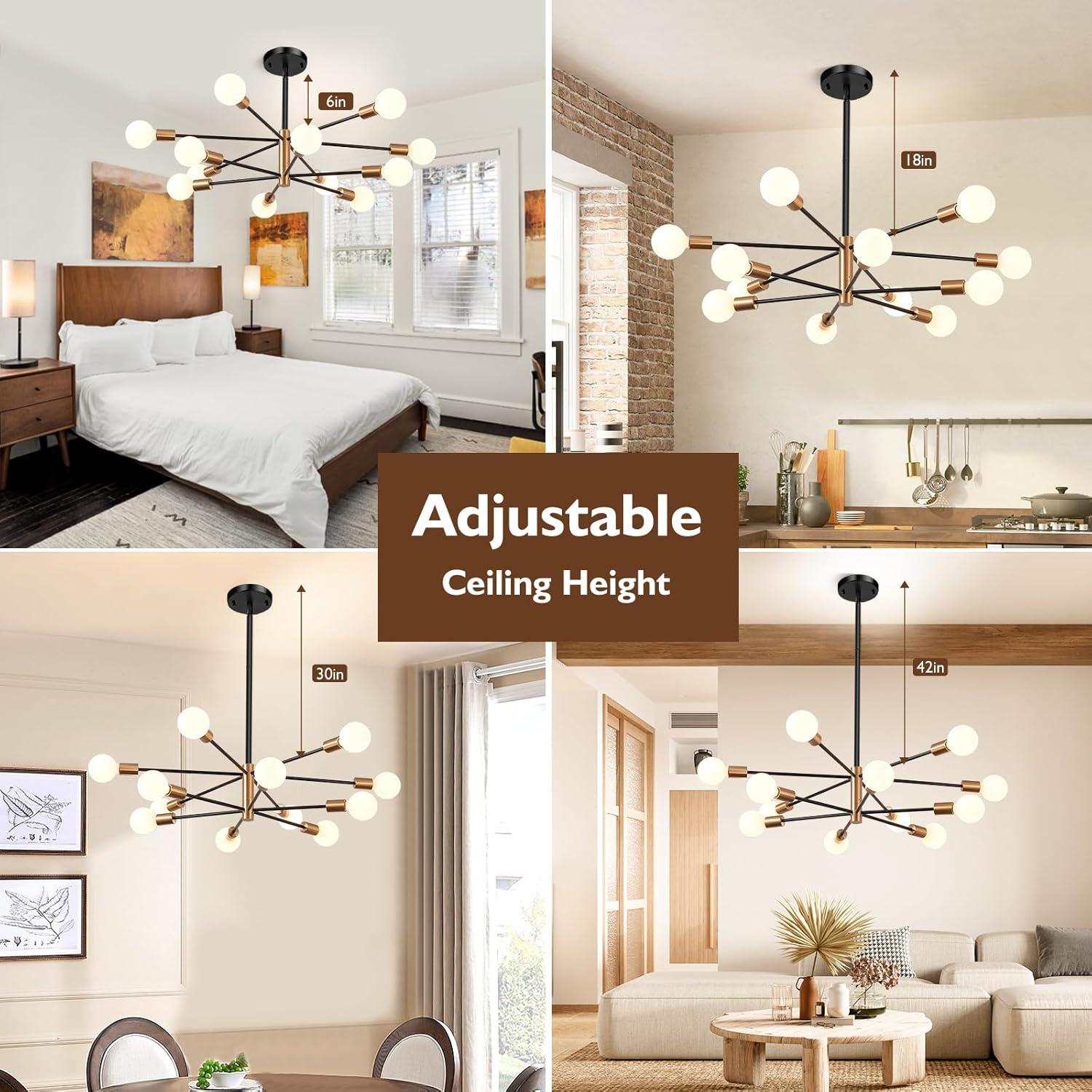 Modern Sputnik Chandelier Ceiling Light Fixture 12-Light E26 Industrial Chandeliers Black Gold Farmhouse Chandelier Height Adjustable Chandeliers for Dining Room, Living Room, Kitchen Island