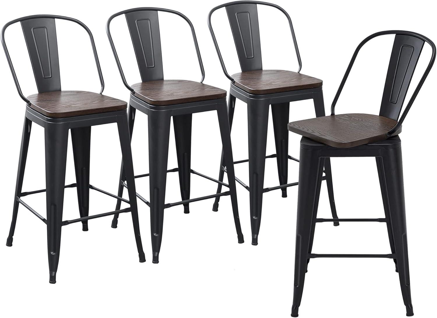 Alunaune 26" Swivel Metal Bar Stools Set of 4 High Back Counter Height Barstools Industrial Dining Bar Chairs with Large Wooden Seat-Matte Black