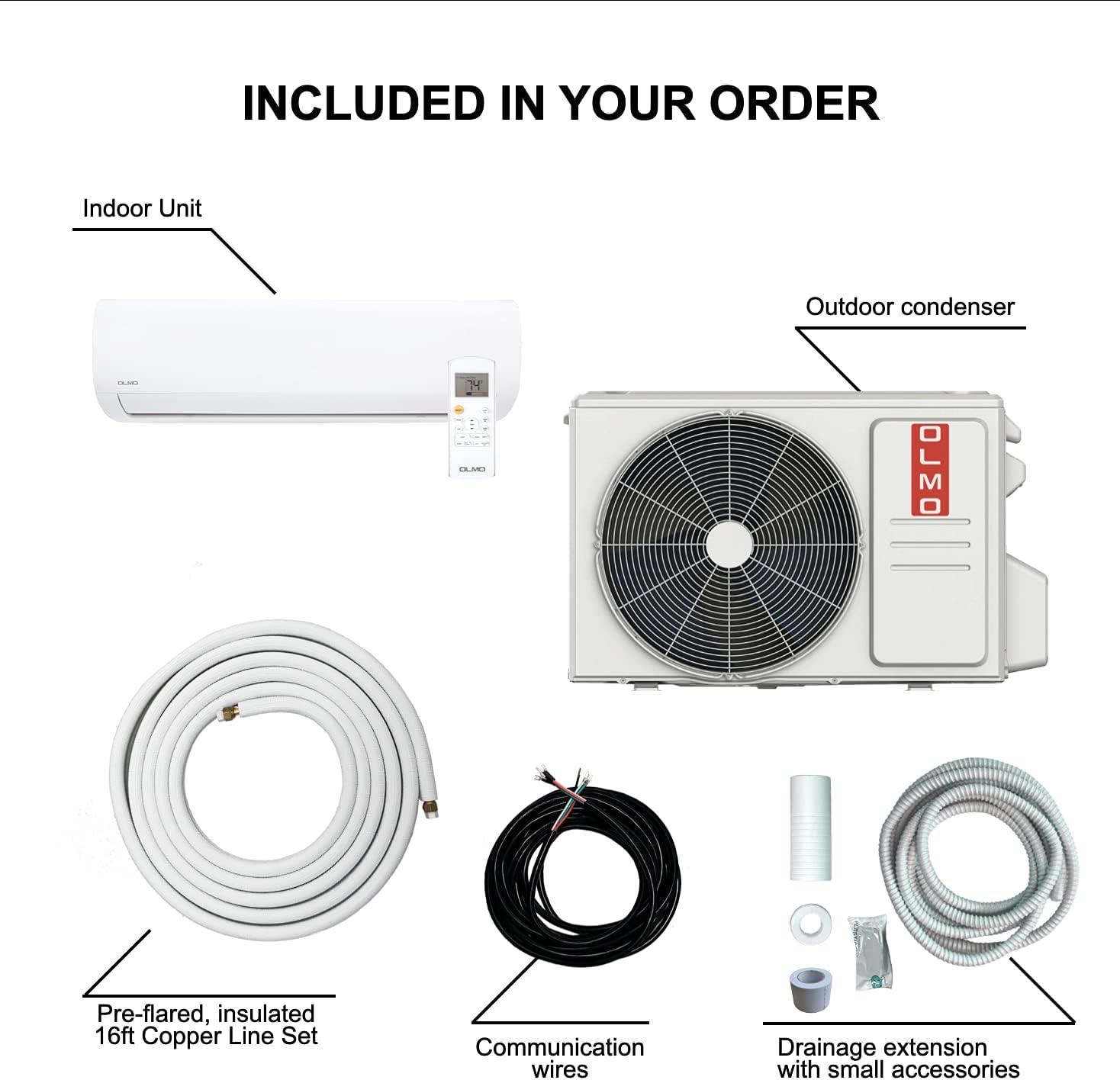 OLMO Alpic 24000 BTU Ductless Mini Split Air Conditioner Heating and Cooling Full Set with 16ft Installation Kit