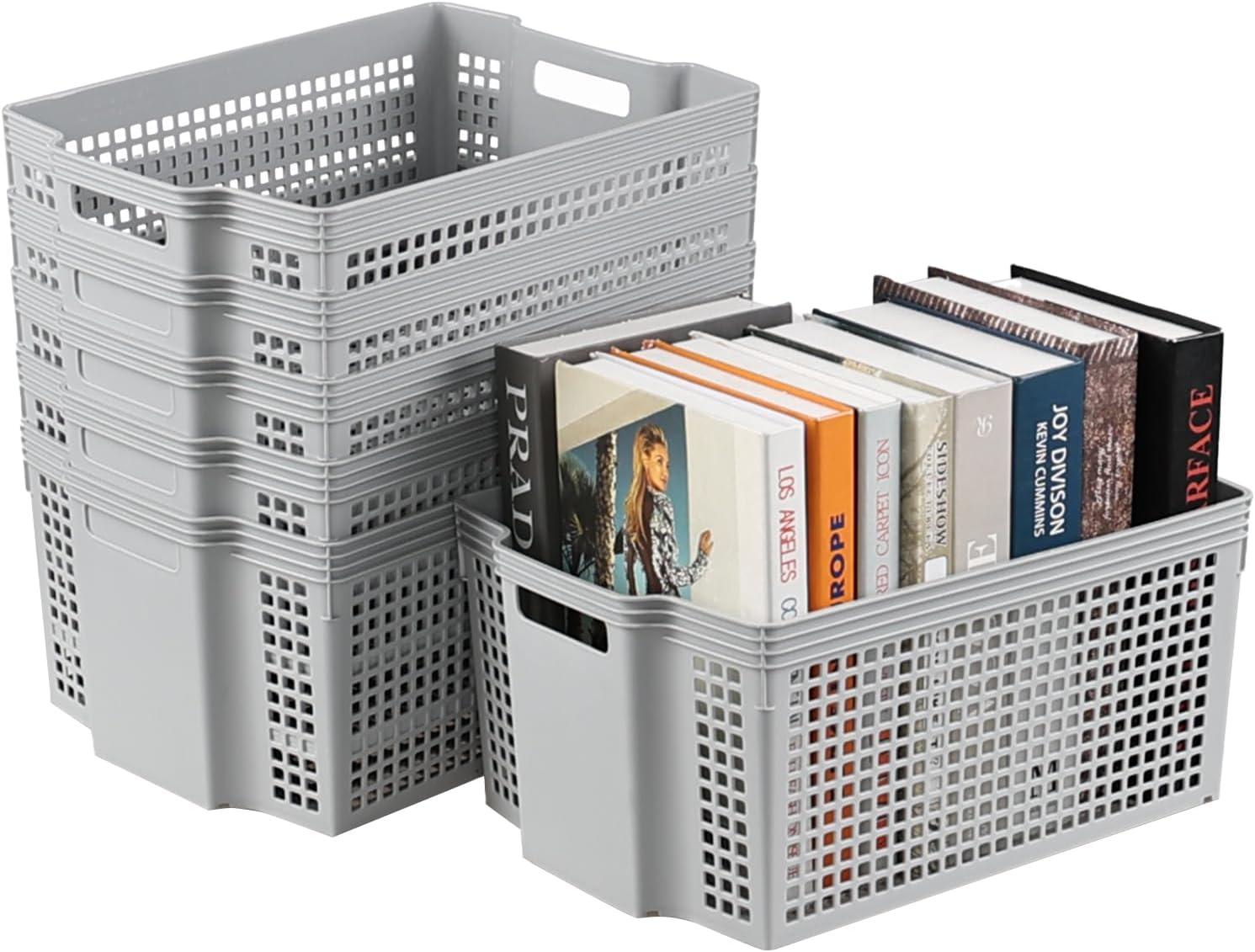 Gray Rectangular Stacking Plastic Storage Baskets, 13 Quart Capacity, Set of 6