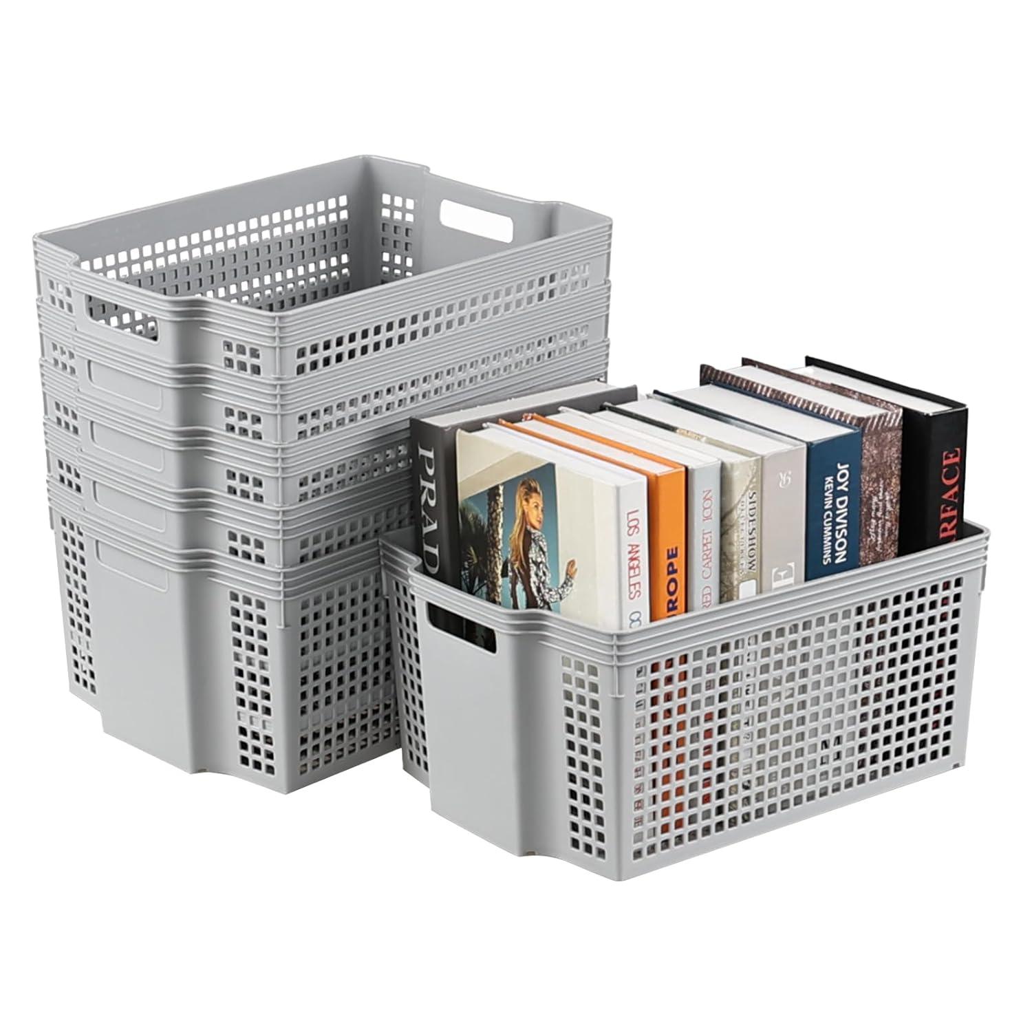 Gray Rectangular Stacking Plastic Storage Baskets, 13 Quart Capacity, Set of 6