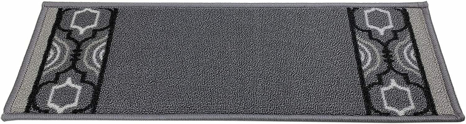 Stair Treads Skid Slip Resistant Backing Indoor Carpet Stair Treads Trellis Border Design 8 ½ inch x 26 ¼ inch (Set of 3, Grey Black)