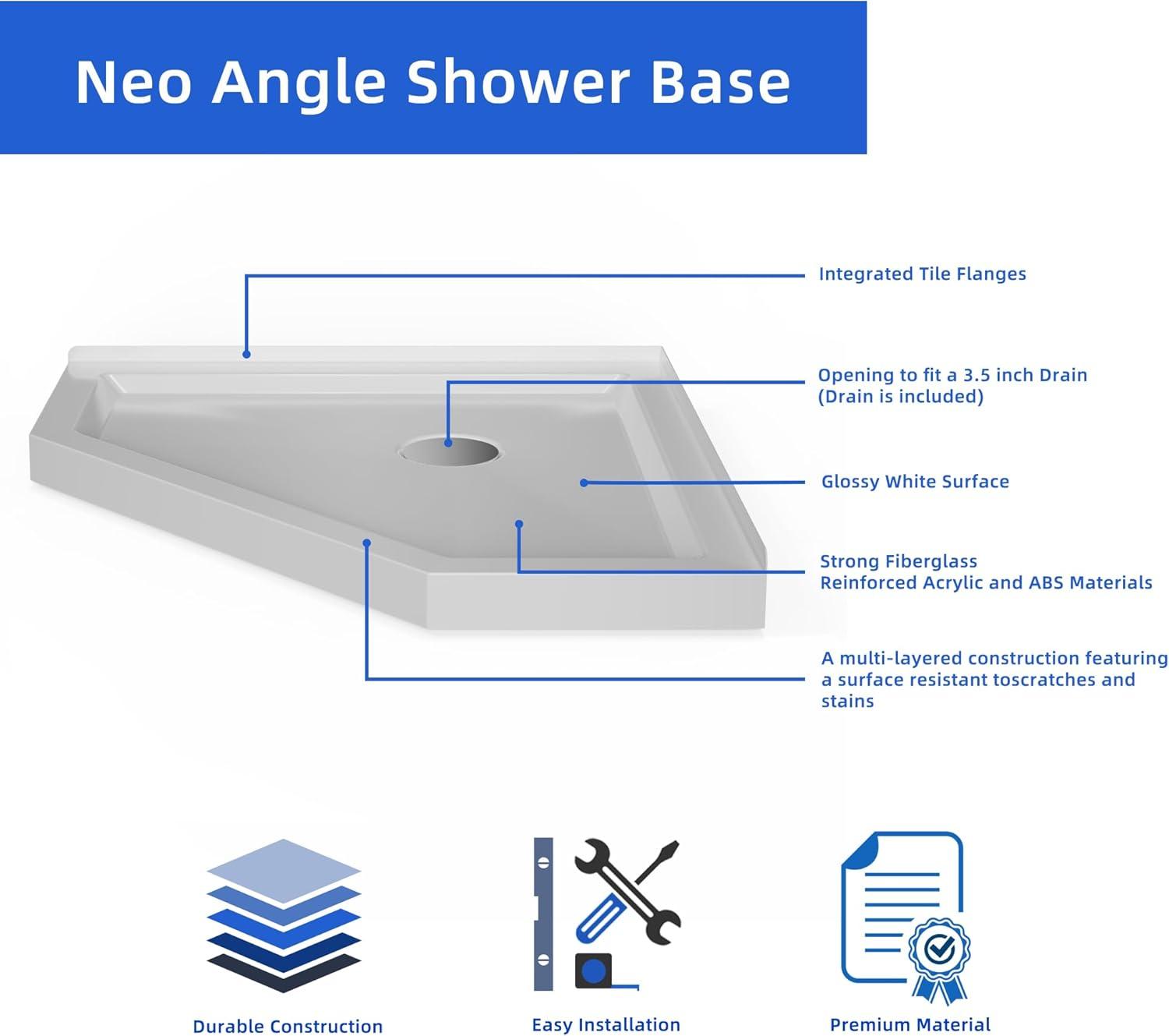 White Neo-Angle Corner Shower Base with Center Drain