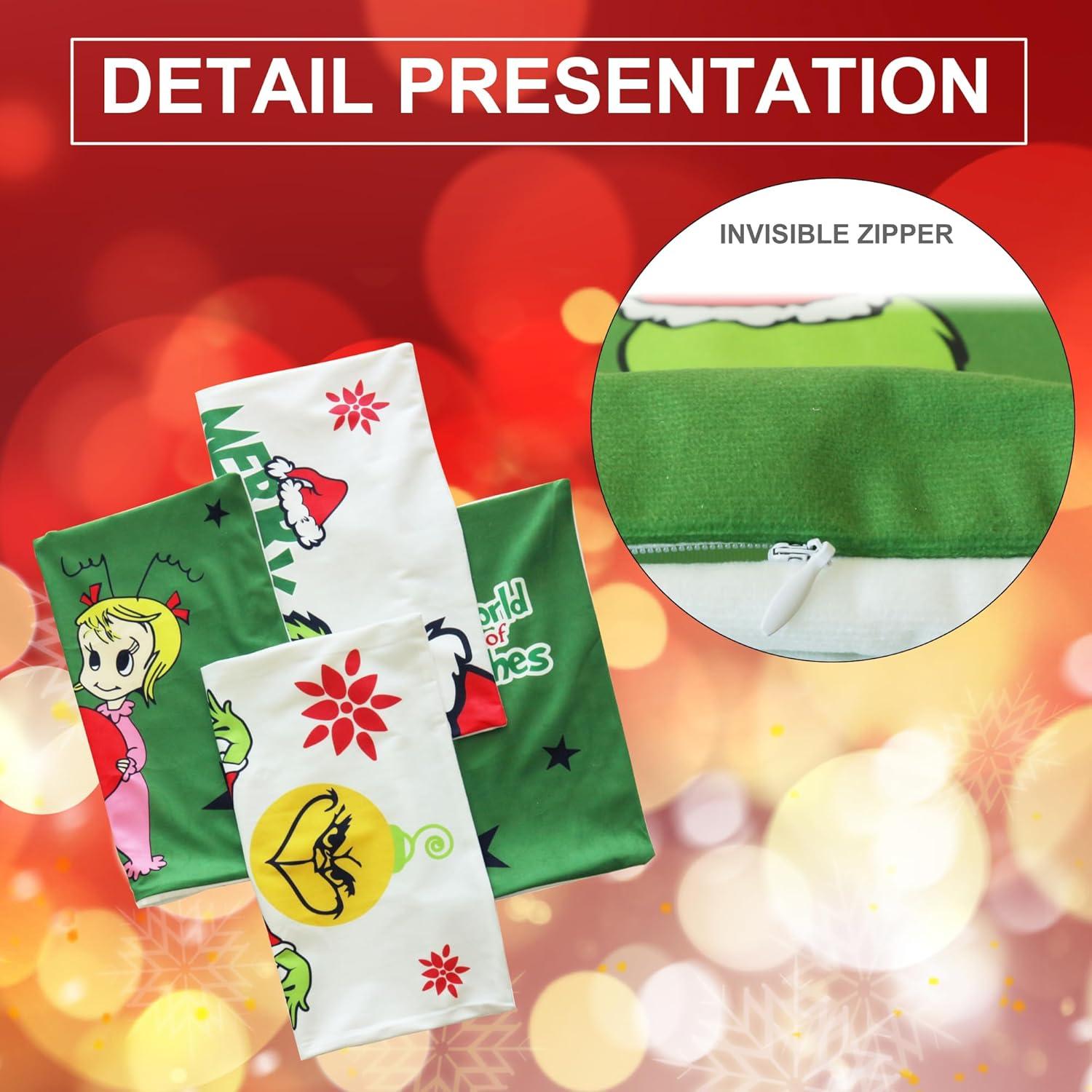 Christmas Grlnch Pillow Covers 18x18 Inch for Christmas Decorations Throw Pillow Case Green and Red Stripe Farmhouse Merry Winter Holiday Home Decor Sofa Cushion Set of 4