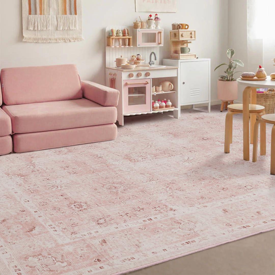 LIMON HOME Light Pink Nursery Area Rug 6x9 for Bedroom Girls,Washable Baby Blush Pink Boho Floral Rug,Super Soft Faux Wool Machine Washable Carpet Area Rugs for Kids Room Playroom