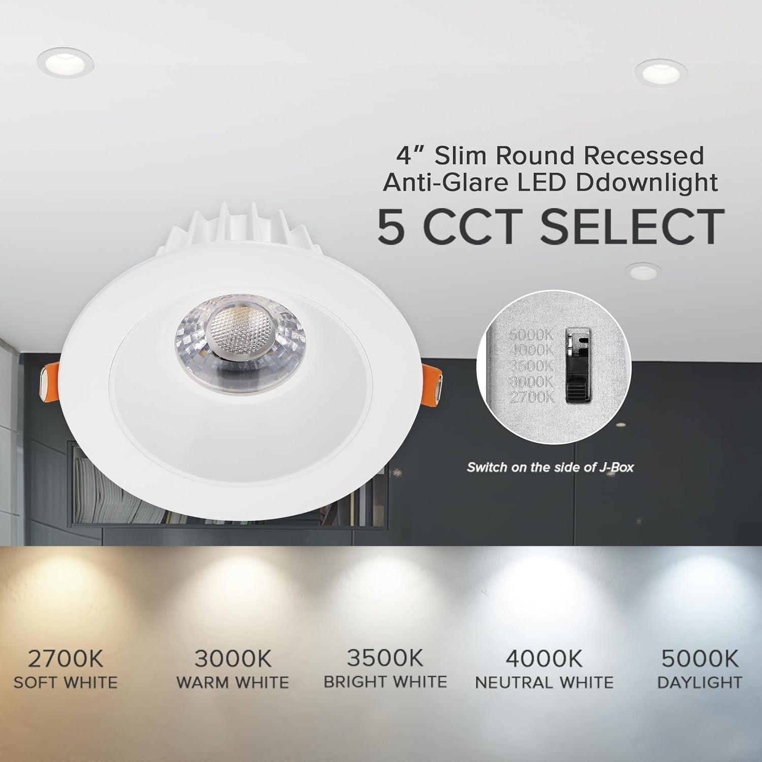 Maxxima 4 in. Ultra-Thin Recessed Anti-Glare LED Downlight Canless IC Rated 1200 Lumens 5 Color Temperature Selectable 2700K/3000K/3500K/4000K/5000K Dimmable White Trim, 90 CRI, Junction Box Included