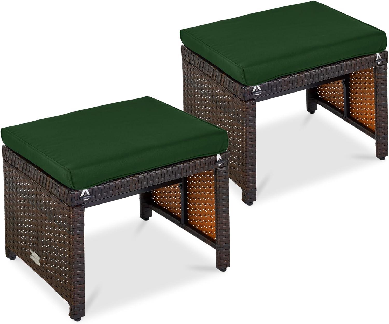 Dovecove Set Of 2 Multipurpose Patio Wicker Ottomans W/ Removable Cushions - Midnight Green/Brown