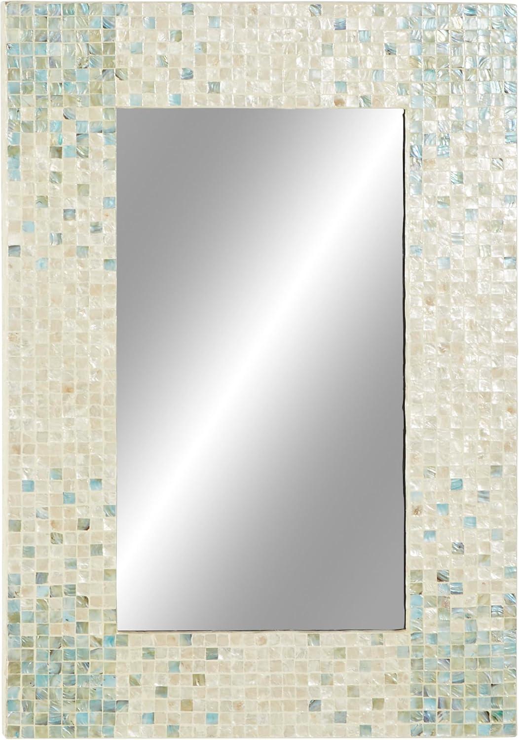 DecMode 24" x 36" Cream Handmade Mosaic Wall Mirror with Blue Corners