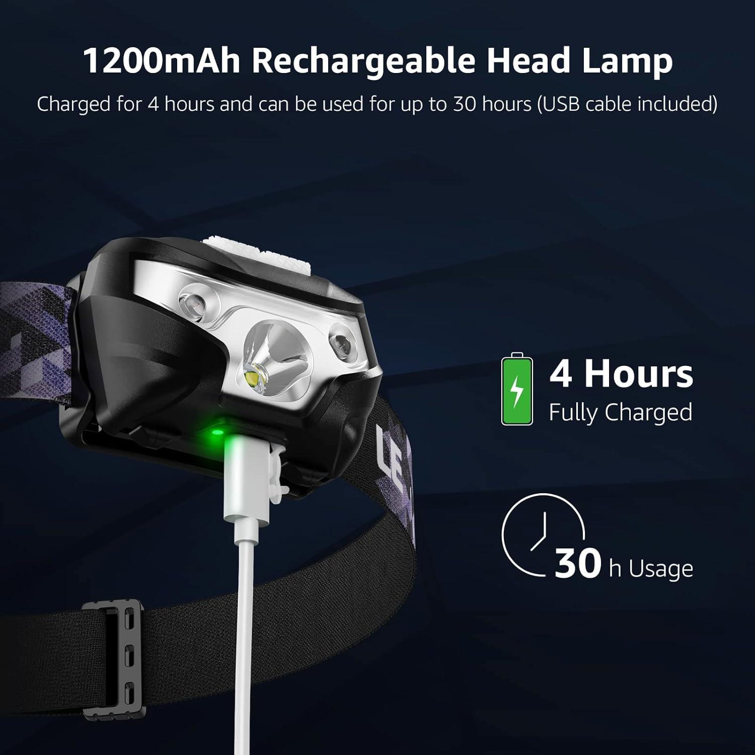 Lepro Lepro LED Headlamp Rechargeable - Super Bright Head Lamp with 5 Modes for Camping & Hiking Gear Essentials, IPX4 Waterproof Headlight Flashlight with Red Light, USB Cable Included
