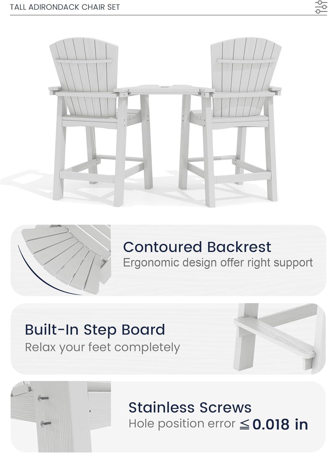 JUSTLET Tall Plastic Adirondack Chair Set of 2 W/ Outdoor Barstools and Connecting Tray, Brown