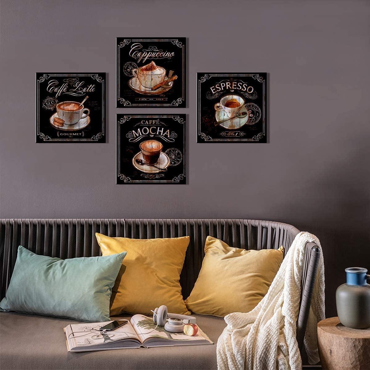 Kitchen Wall Art Coffee Wall Art Vintage Brown Black Cafe Pictures Dining Room Bar Wall Decor Fireplace Sign Bean Modern Artwork Canvas Coffee Shop Painting Family Restaurant Home Decoration 12x12" 4P